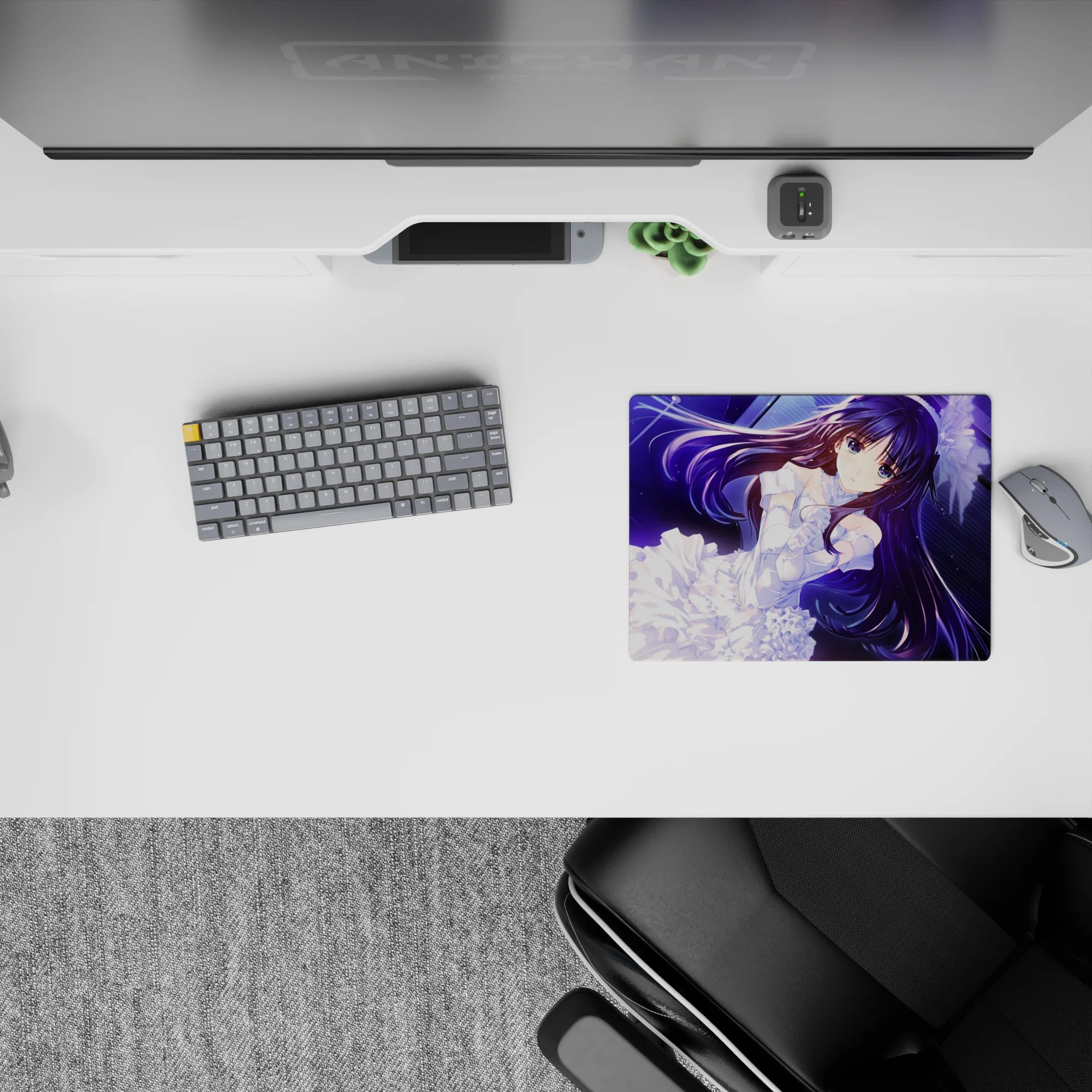 Violet-haired anime mouse pad 14x10 inches in calm romantic tones, glossy highlights over a neon night sky.