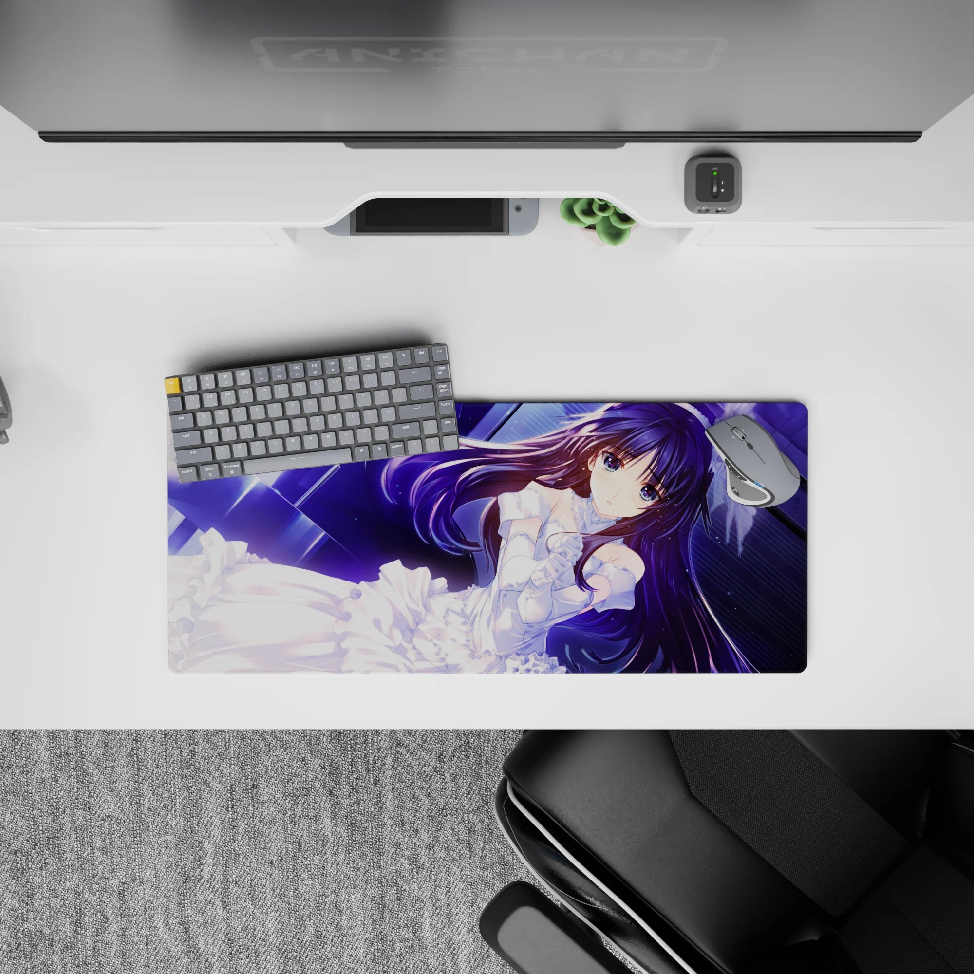 28x12 inches anime girl mouse pad in deep violet and neon blue, calm romantic vibe with glossy highlights.