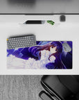 28x12 inches anime girl mouse pad in deep violet and neon blue, calm romantic vibe with glossy highlights.