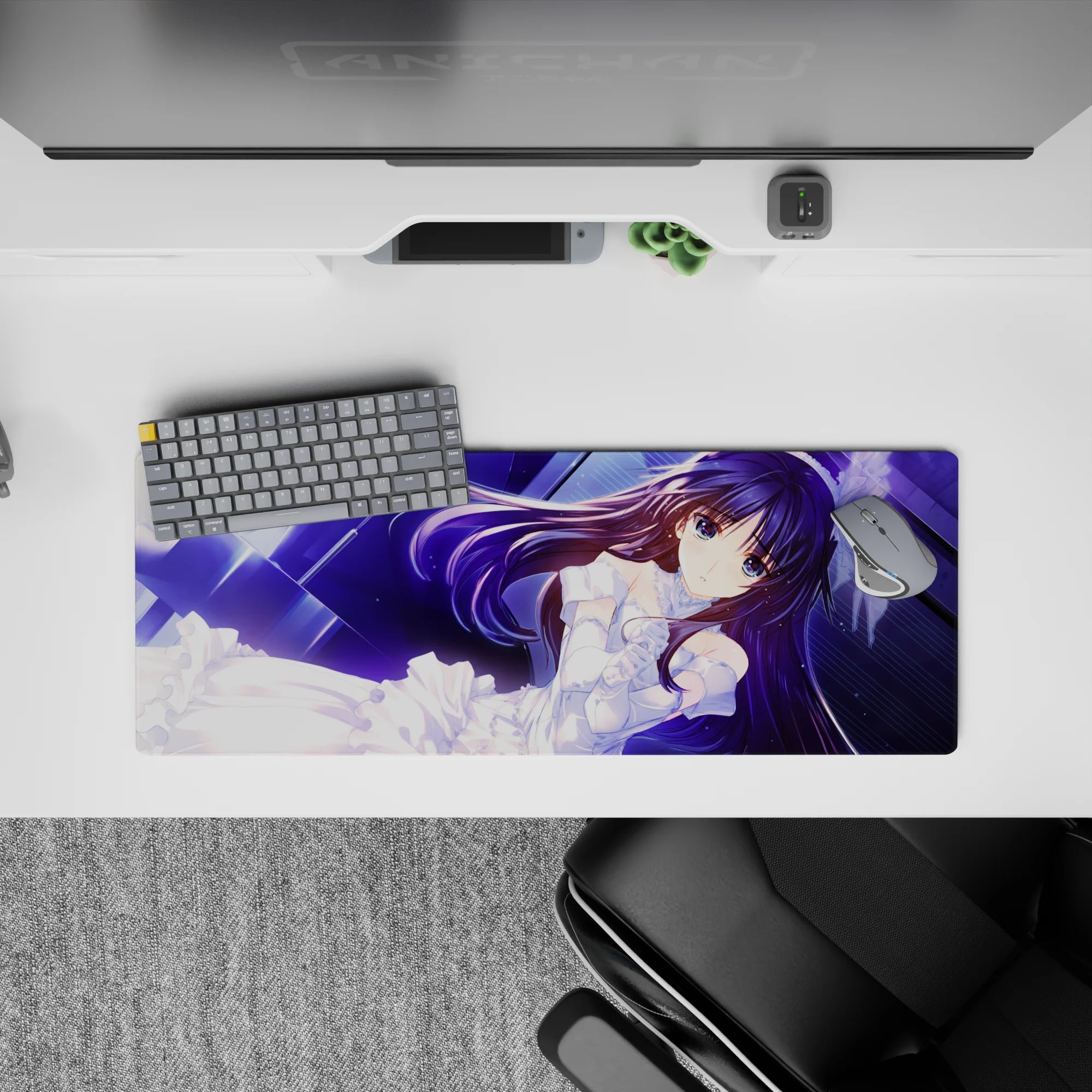 32x12 inches anime desk mat in deep violet and neon blue, calm romantic vibe with glossy highlights.
