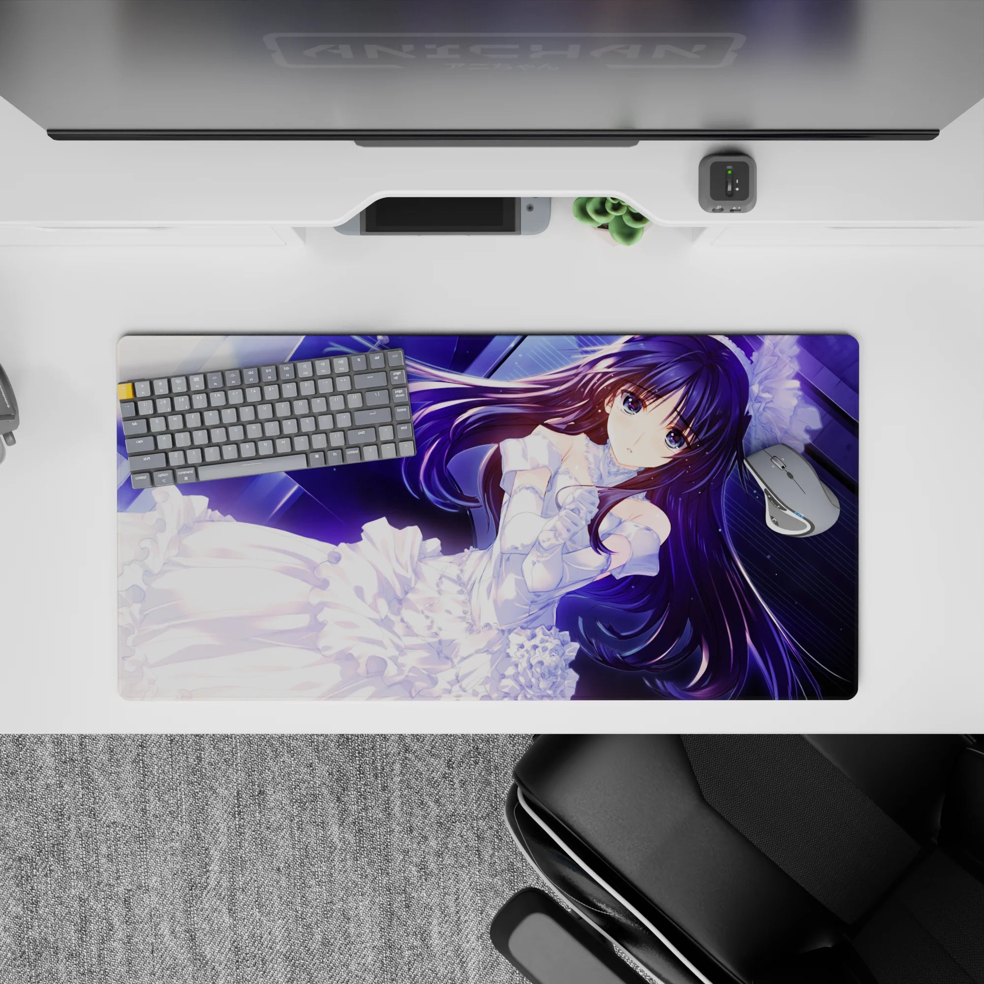 Romantic, calm anime desk mat 32x16 inches in deep violet and neon blue with snowy lace highlights.