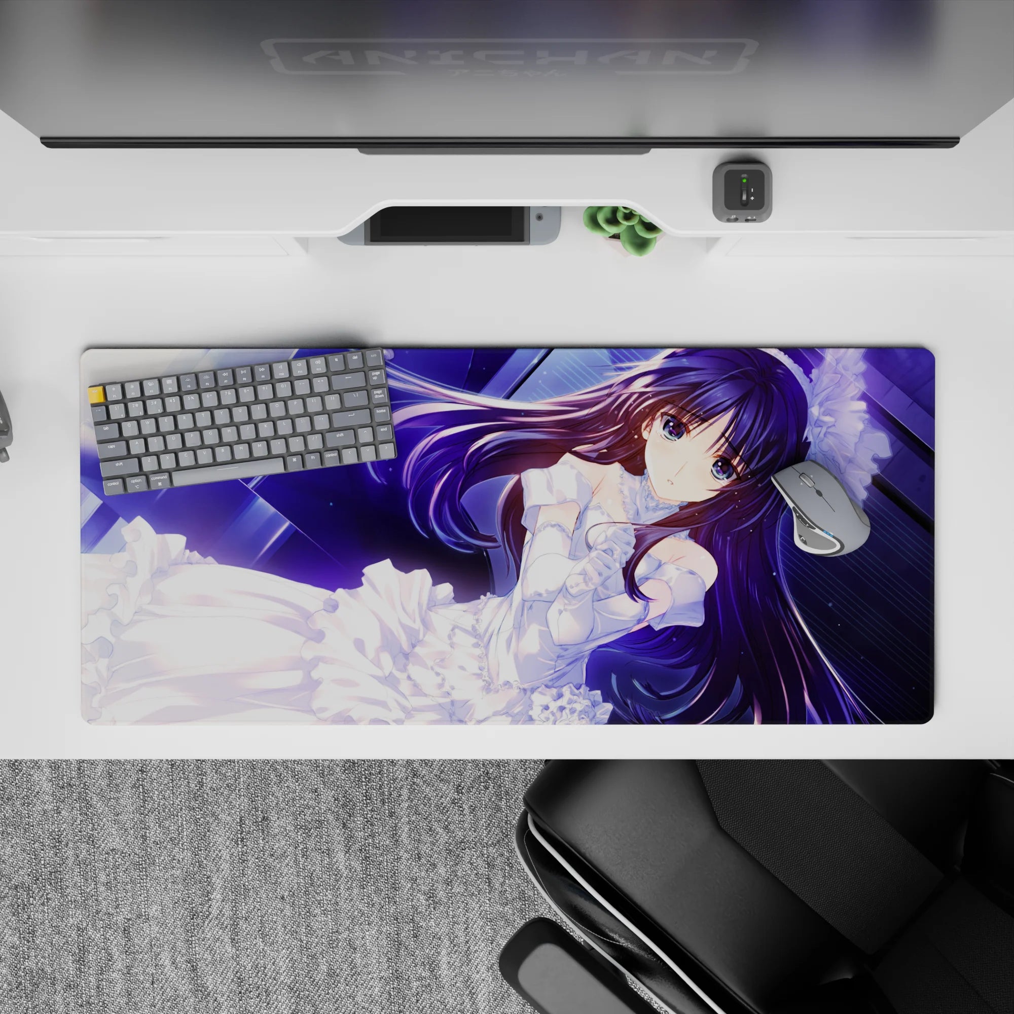 Violet-haired anime desk pad 36x16 inches in neon blues and whites, calm romantic mood with glossy highlights.