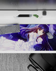 Violet-haired anime desk pad 36x16 inches in neon blues and whites, calm romantic mood with glossy highlights.