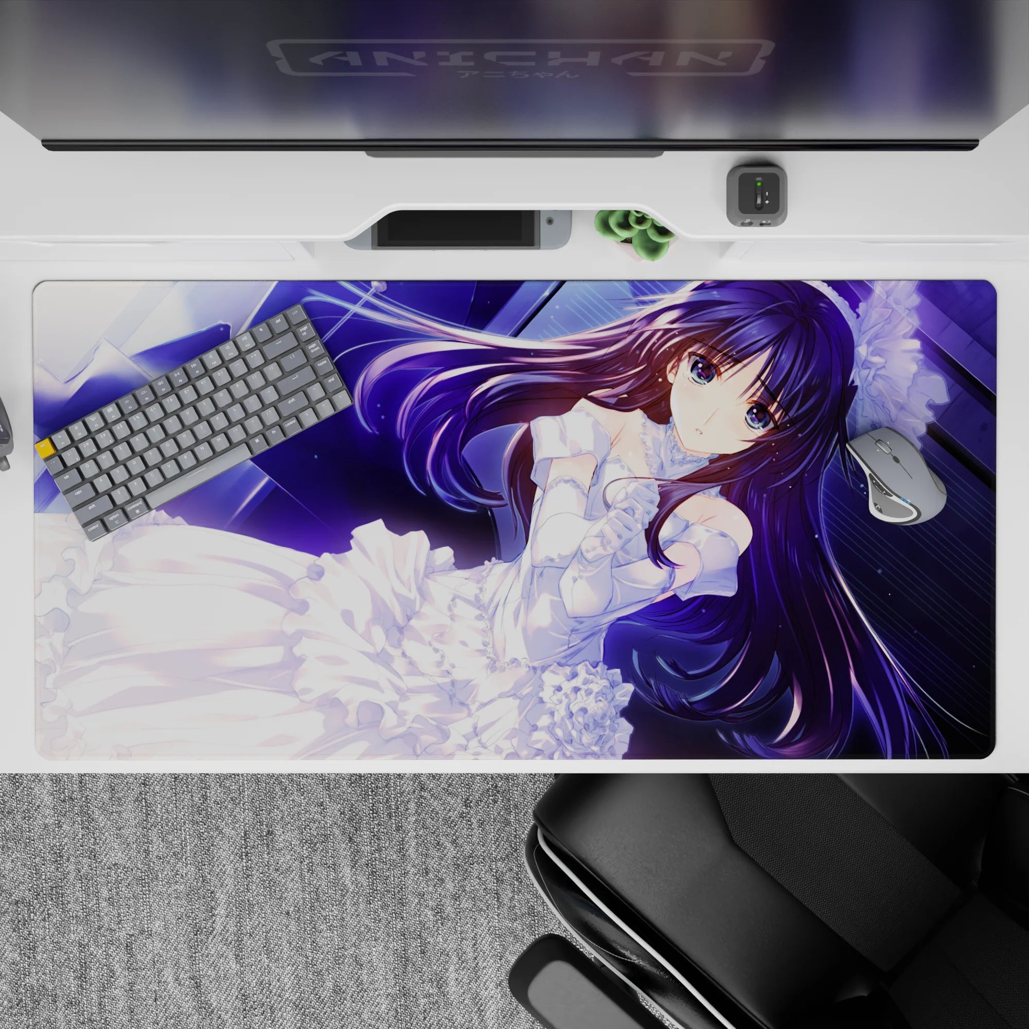 Violet hair on neon-blue starfield, romantic calm vibe anime desk pad 40x20 inches for gaming.