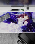 Violet hair on neon-blue starfield, romantic calm vibe anime desk pad 40x20 inches for gaming.