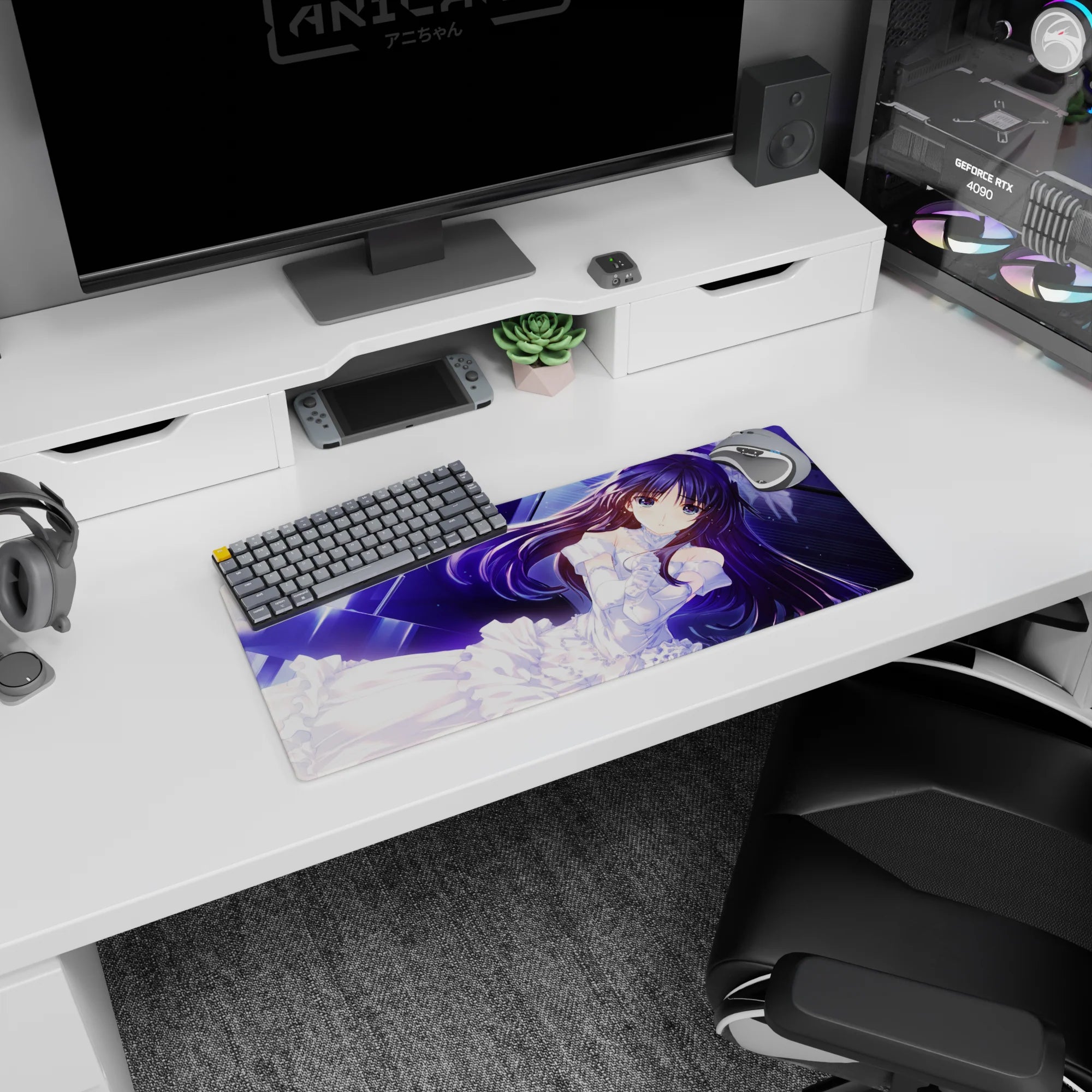28x12 inches anime girl mouse pad showing a violet-haired girl in white lace on a starry neon-blue backdrop.