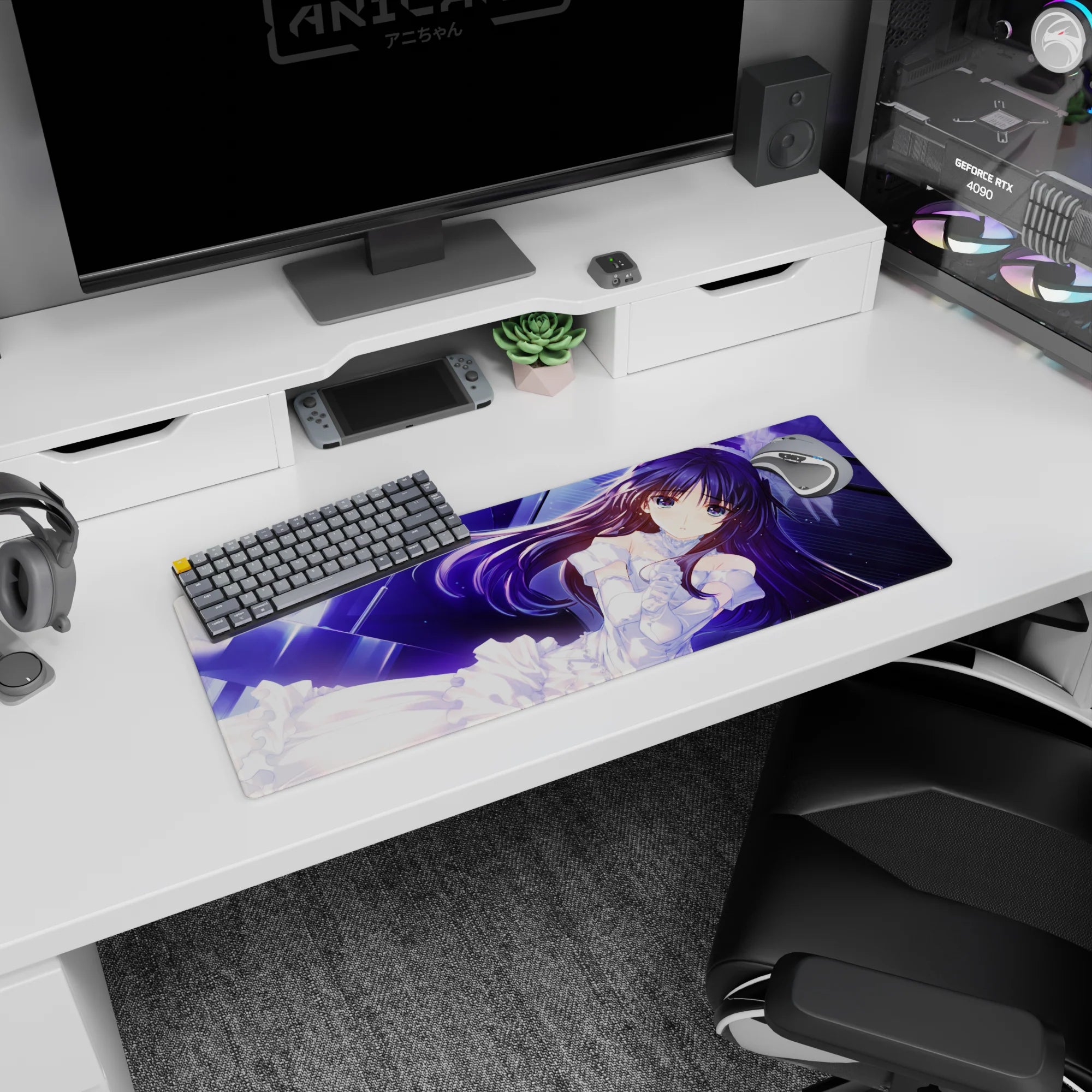 32x12 inches anime girl mouse pad showing violet-haired bride in white lace over a starry neon-blue sky.