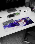 32x12 inches anime girl mouse pad showing violet-haired bride in white lace over a starry neon-blue sky.