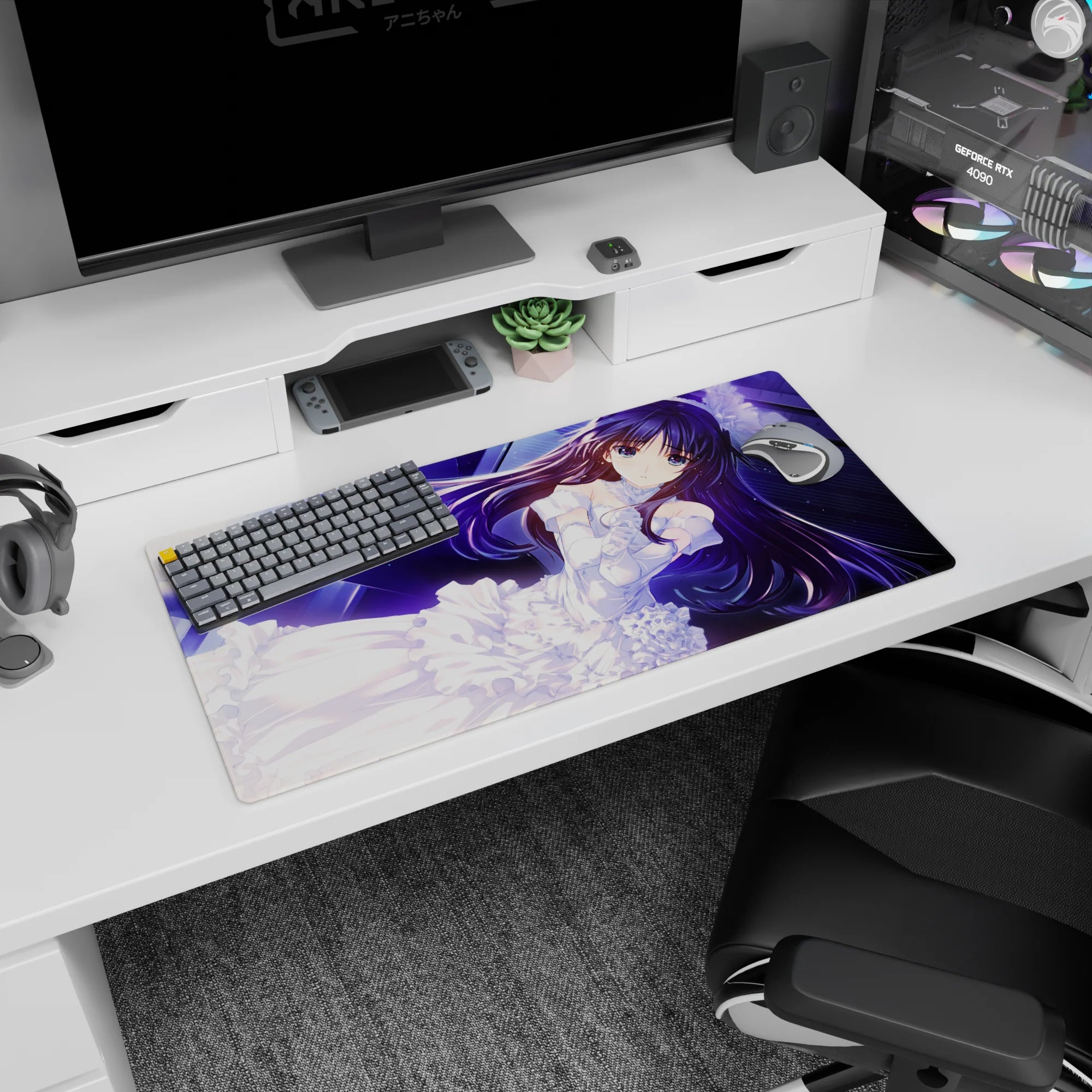 Anime girl with flowing violet hair and white lace ribbons on starry blue background mouse pad 32x16 inches.