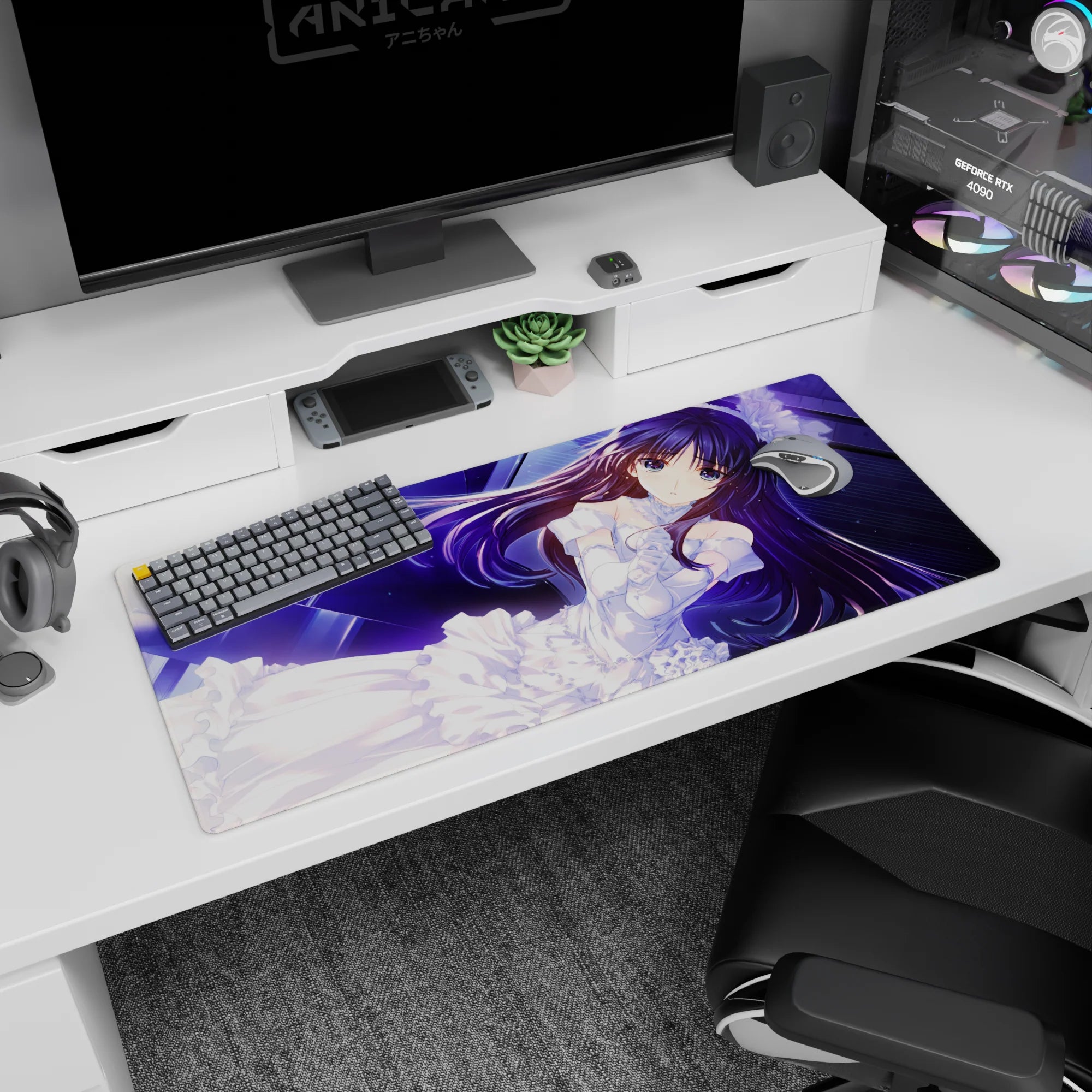 Violet-haired anime bride girl on desk pad 36x16 inches, flowing hair over a starry blue night scene.