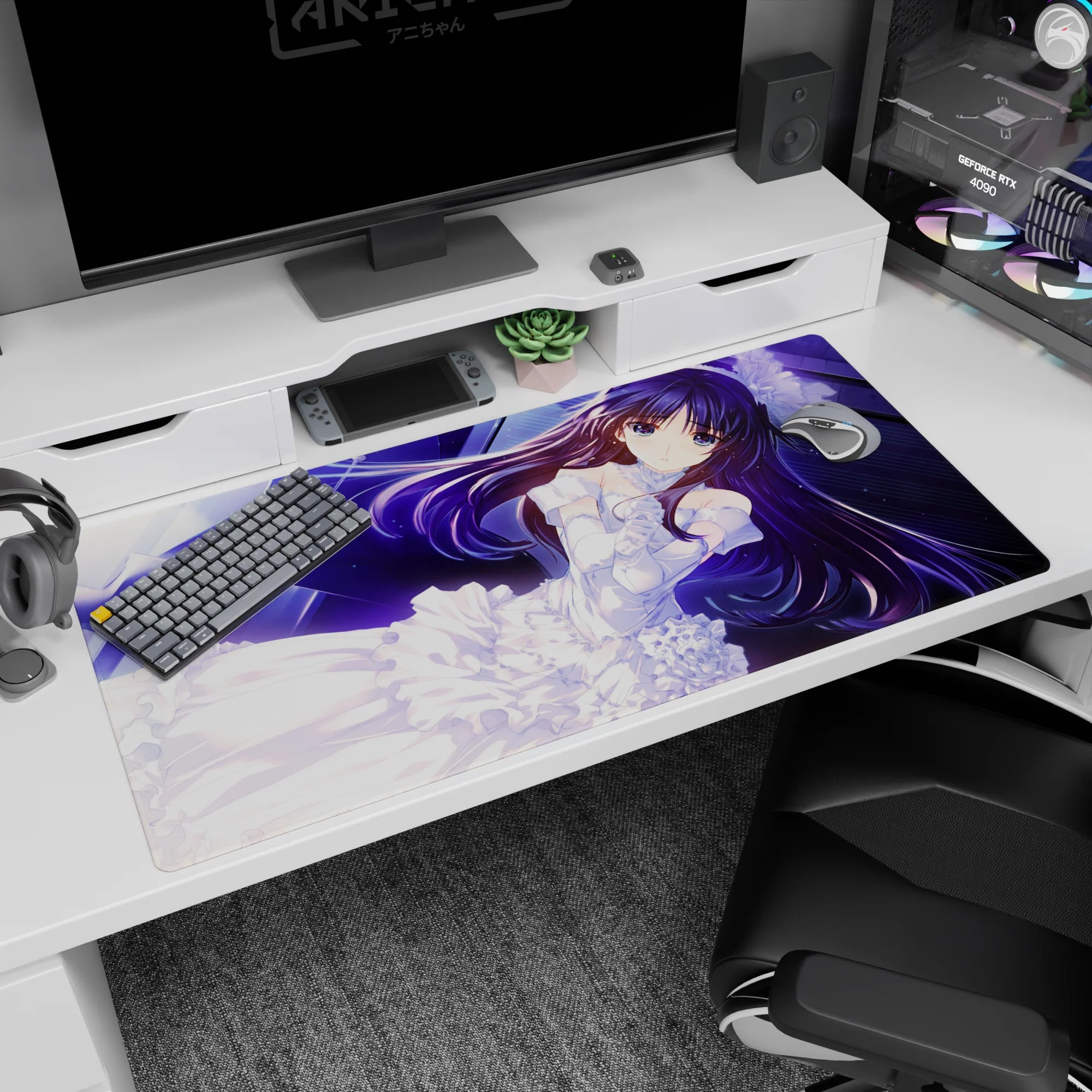 Dreamy anime bride girl with flowing purple hair, white lace and ribbons on desk pad 40x20 inches.