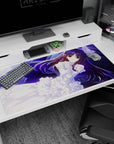 Dreamy anime bride girl with flowing purple hair, white lace and ribbons on desk pad 40x20 inches.
