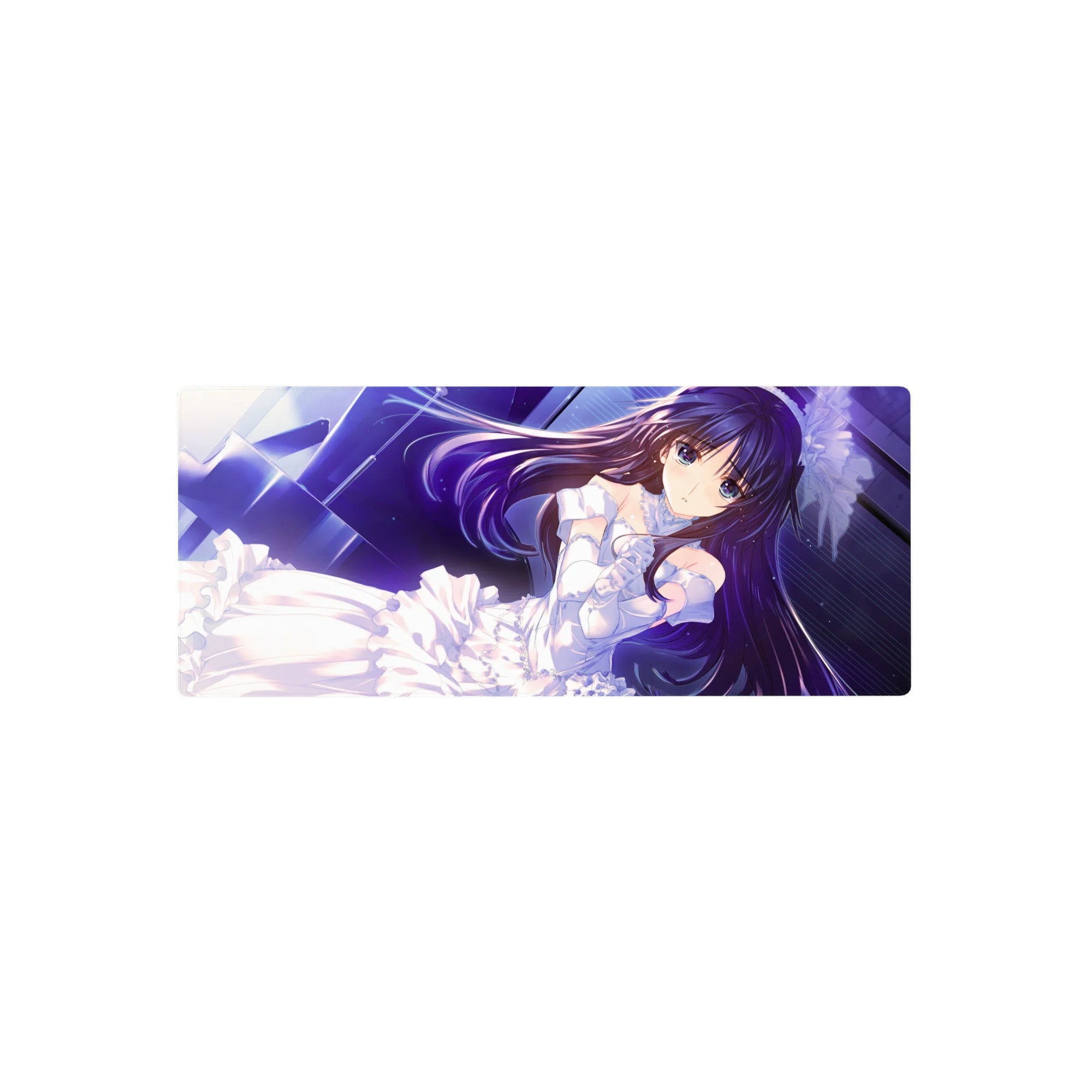 28x12 inches anime girl mouse pad with dreamy bride lace, ribbons, and neon-blue starry background.