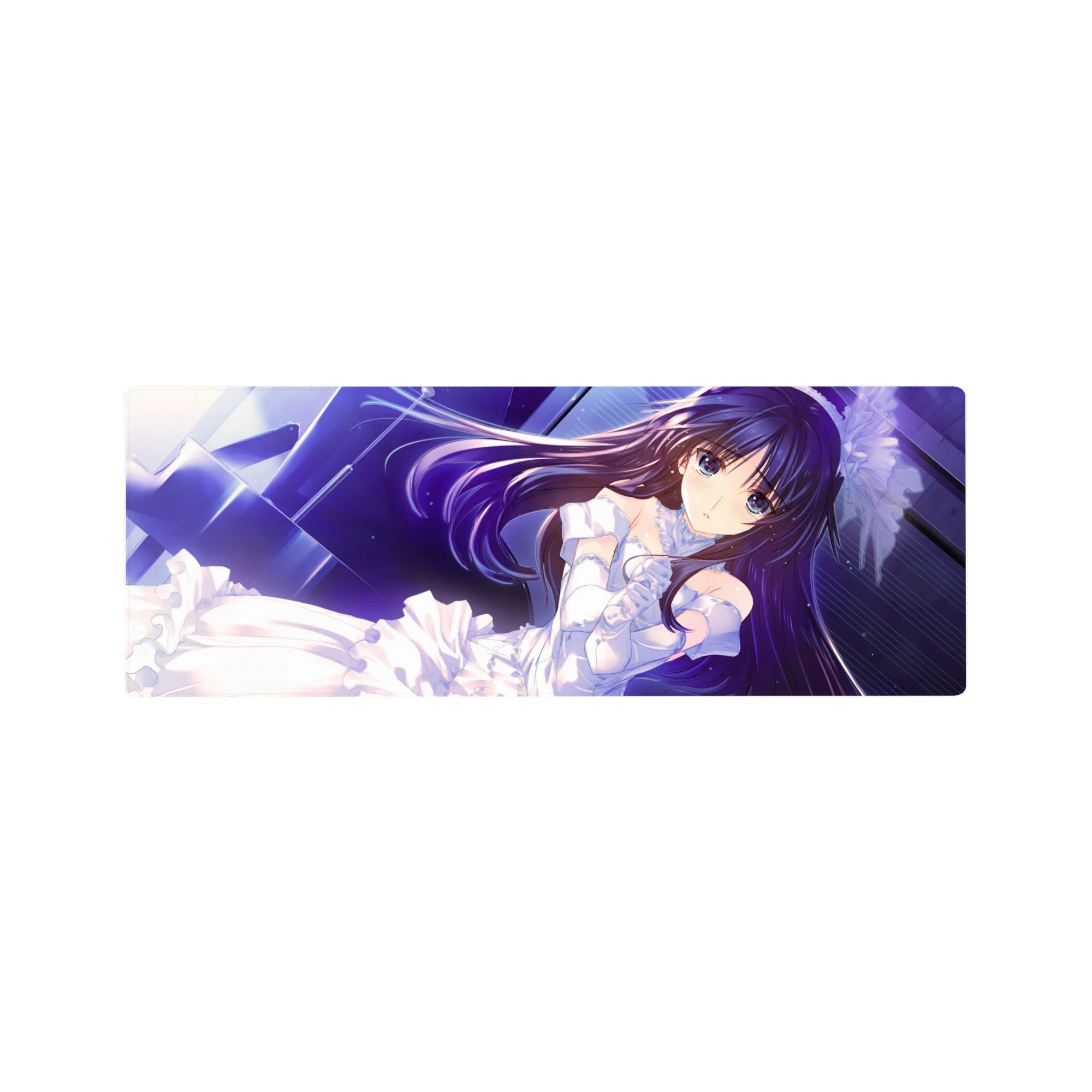 32x12 inches anime girl mouse pad with dreamy bride lace, ribbons, and neon starry blue background.