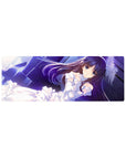 32x12 inches anime girl mouse pad with dreamy bride lace, ribbons, and neon starry blue background.