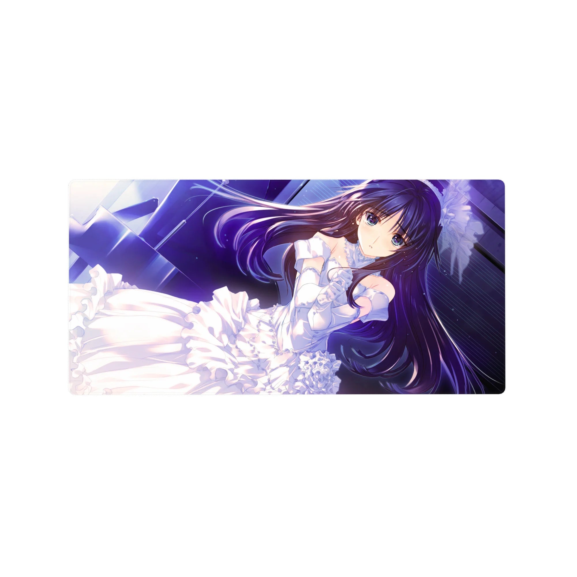 Dreamy bride-themed anime girl mouse pad 32x16 inches with violet hair, lace, ribbons, neon-blue stars.