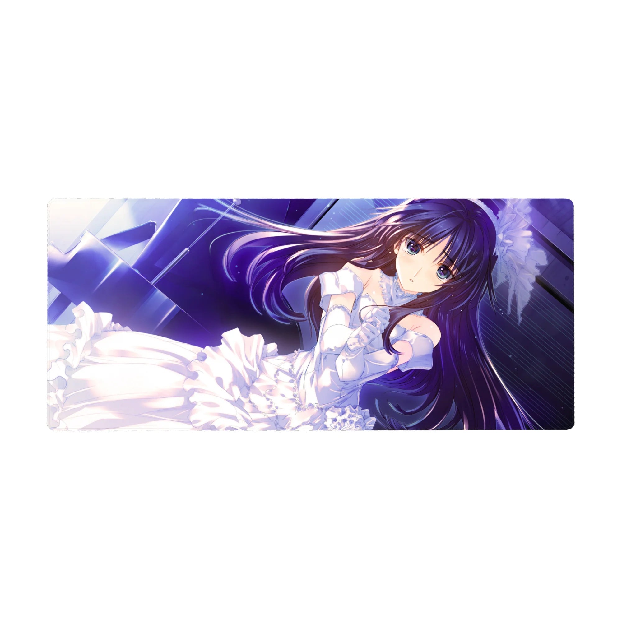 Anime girl desk pad 36x16 inches with dreamy bride theme, lace ribbons, and starry neon-blue backdrop.