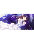 Anime girl desk pad 36x16 inches with dreamy bride theme, lace ribbons, and starry neon-blue backdrop.