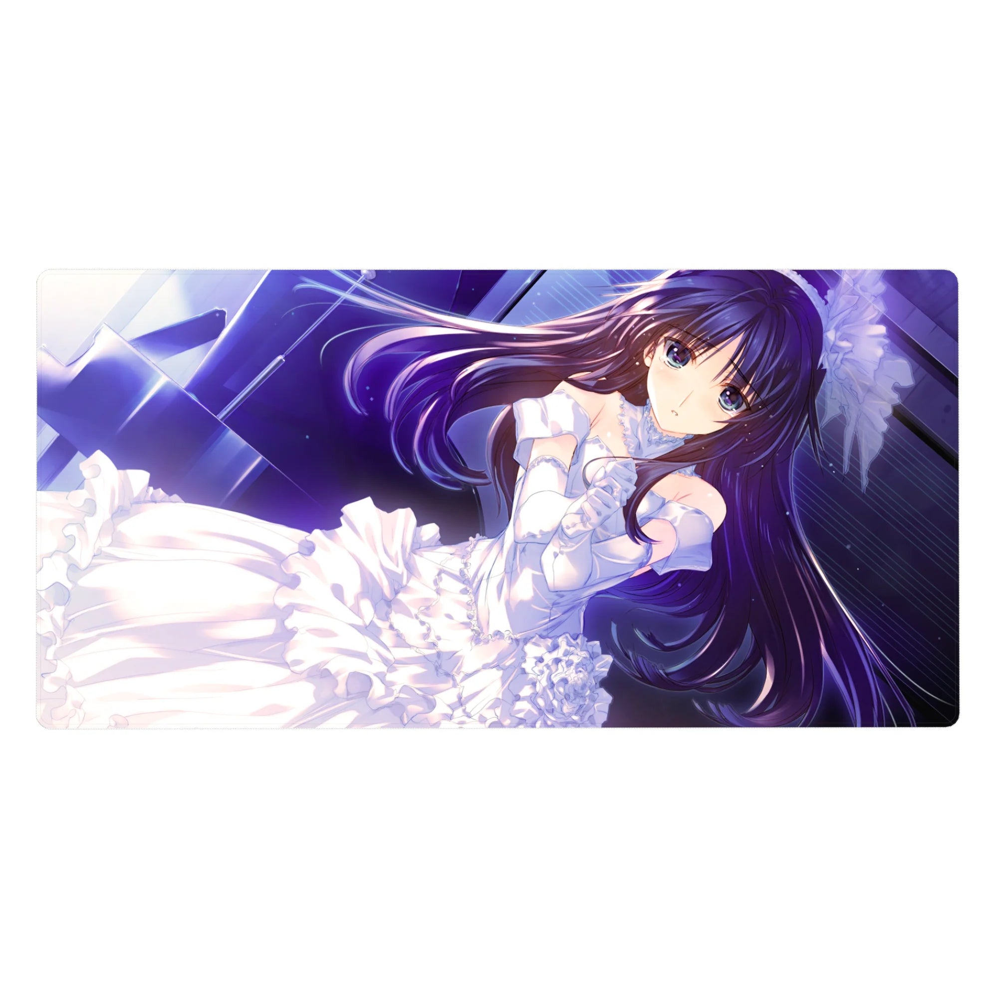 Anime girl desk pad 40x20 inches with dreamy bride aesthetic, lace ribbons, and starry neon backdrop.