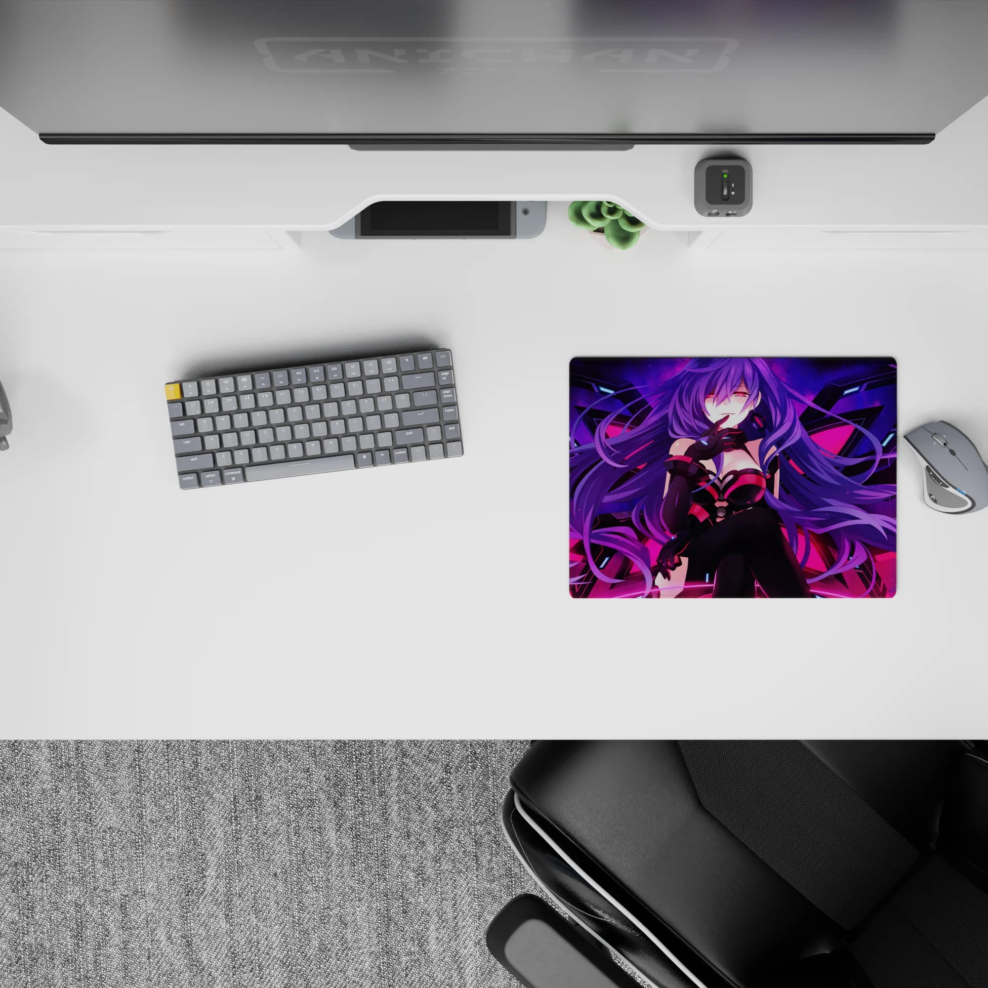 Neon cyber night anime mouse pad 14x10 inches in violet hair waves with hot pink highlights.