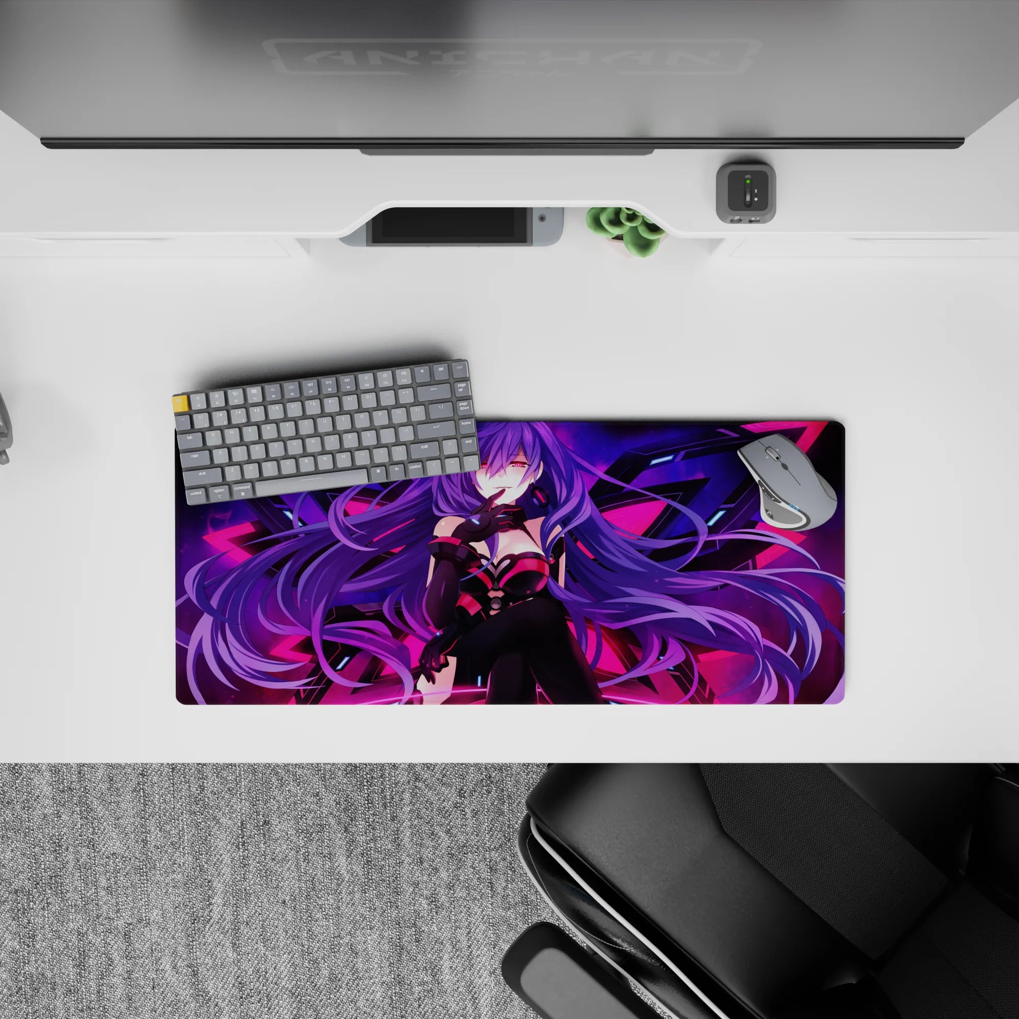 28x12 inches neon night mouse pad in violet and hot pink cyber glow, cozy yet dangerous anime aesthetic.
