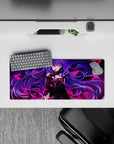 28x12 inches neon night mouse pad in violet and hot pink cyber glow, cozy yet dangerous anime aesthetic.