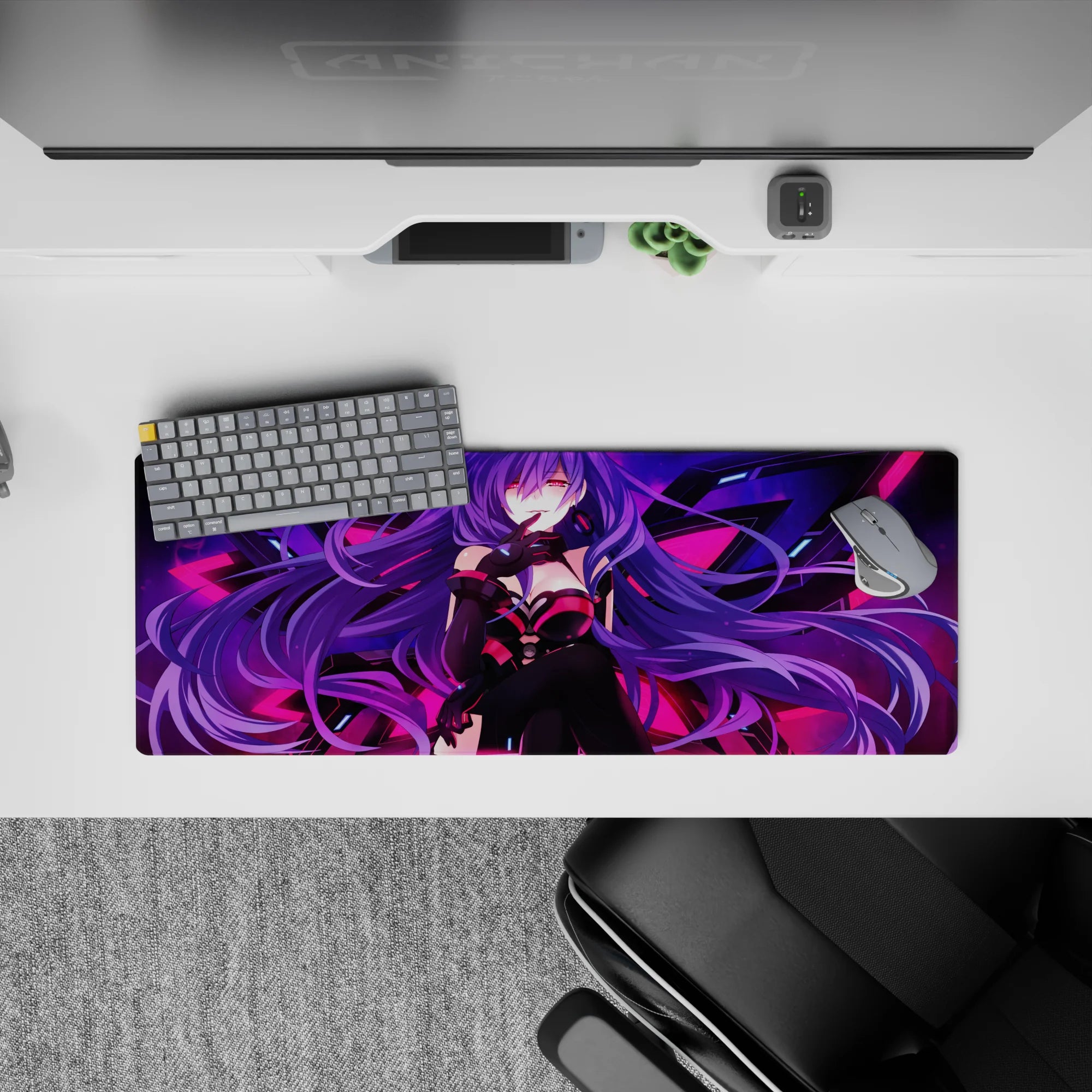 Neon night desk mat in violet and hot pink, cyber glow anime girl mouse pad, 32x12 inches.