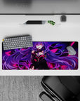 Neon night desk mat in violet and hot pink, cyber glow anime girl mouse pad, 32x12 inches.