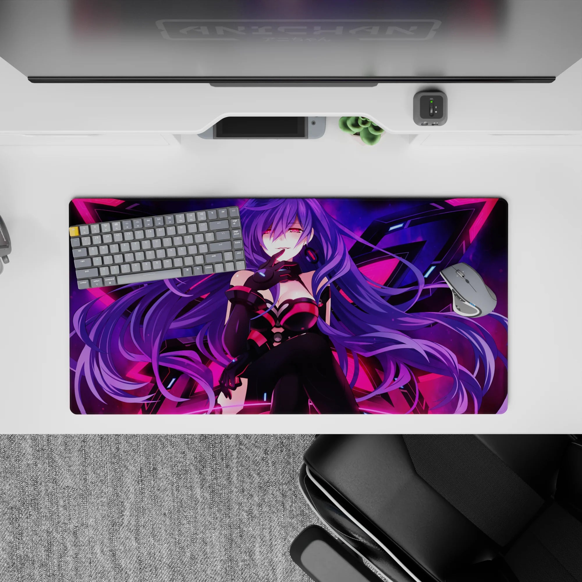 32x16 inches neon cyber anime desk mat in violet hair tones with hot pink highlights and night glow.