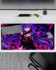 32x16 inches neon cyber anime desk mat in violet hair tones with hot pink highlights and night glow.