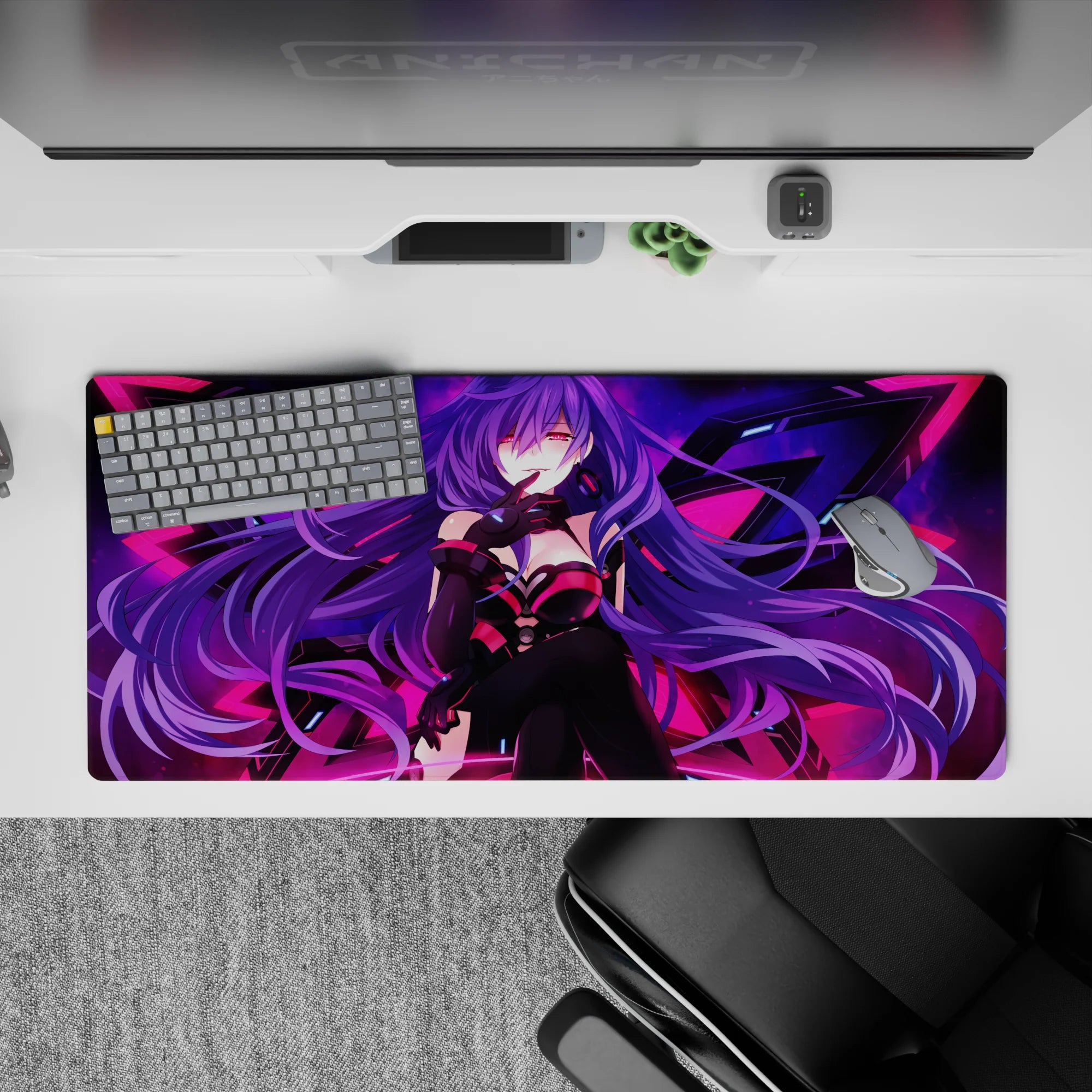 Neon cyber glow desk pad 36x16 inches in violet and hot pink, cozy yet dangerous anime vibe.