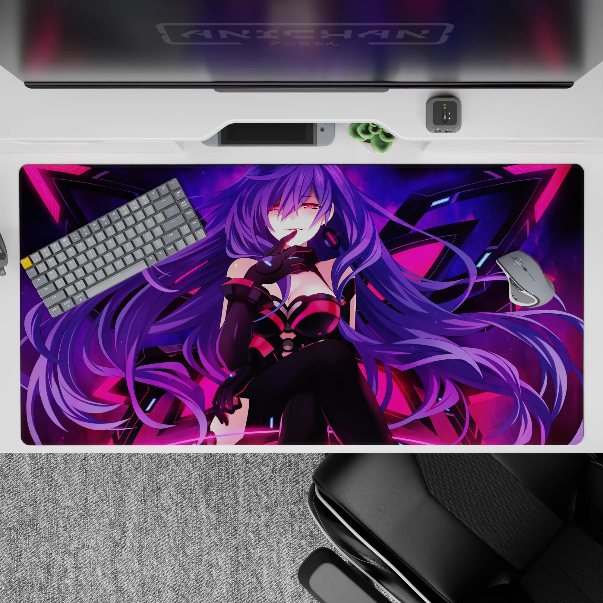 Neon night purple and hot pink cyber glow anime desk pad, 40x20 inches.