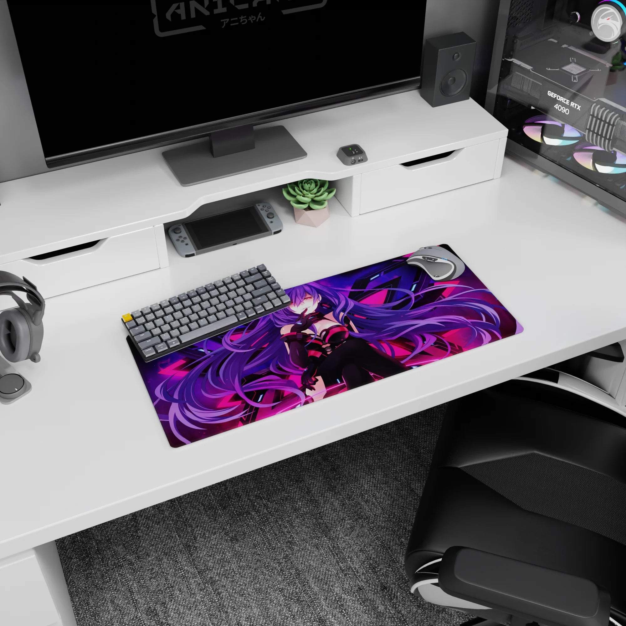 28x12 inches mouse pad showing a mysterious purple-haired anime girl smirk, sharp wing shapes behind her.