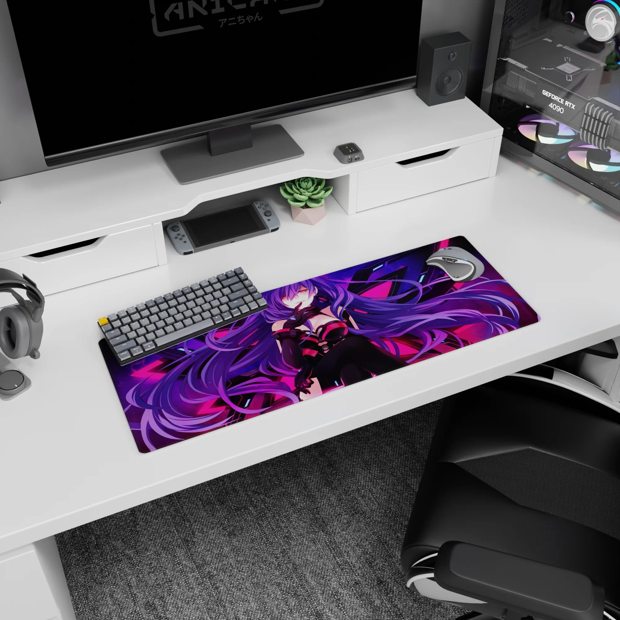 Smirking purple-haired anime girl with sharp wings behind her on mouse pad, 32x12 inches.