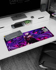 Smirking purple-haired anime girl with sharp wings behind her on mouse pad, 32x12 inches.