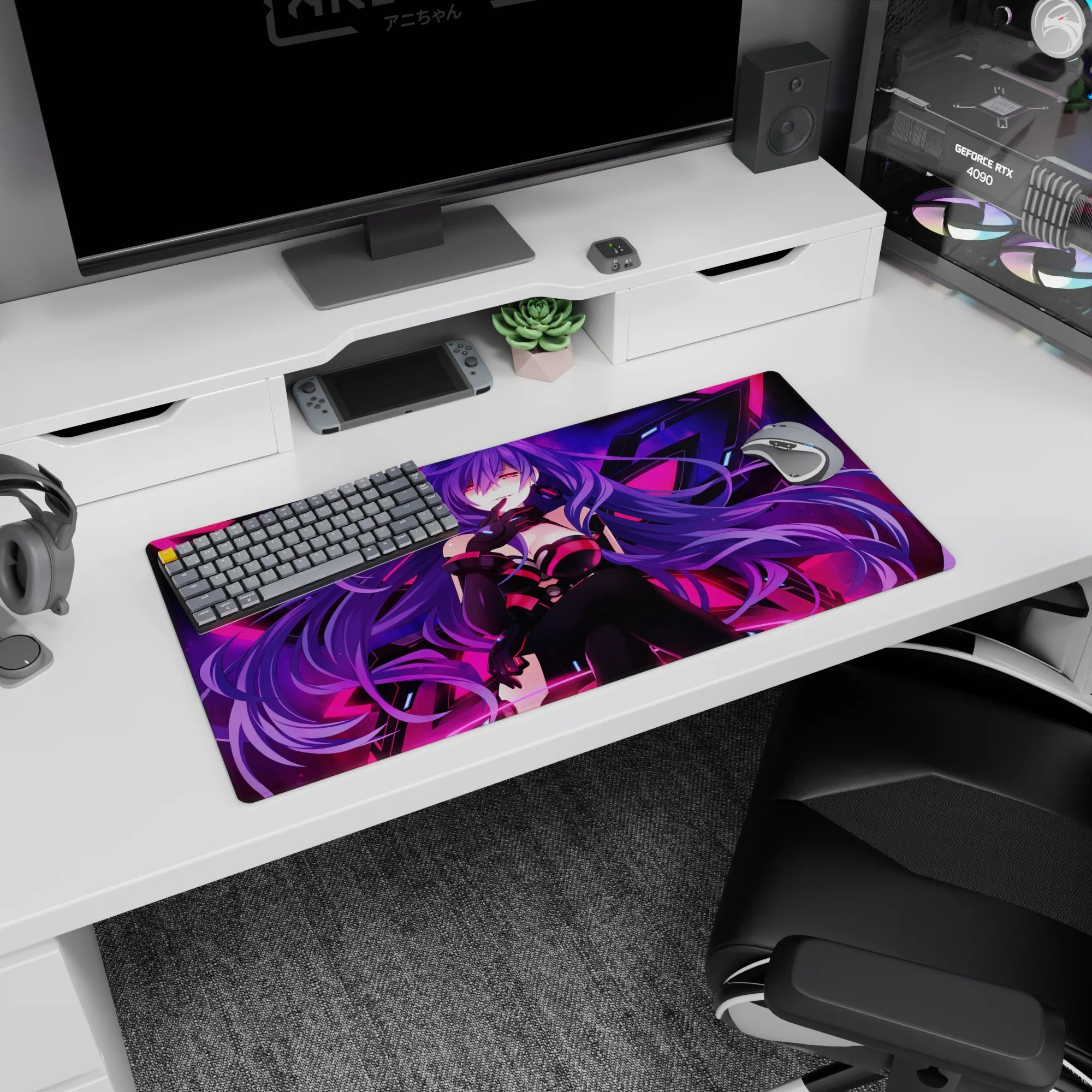 32x16 inches anime mouse pad showing a mysterious purple-haired girl smirking with sharp neon wings.