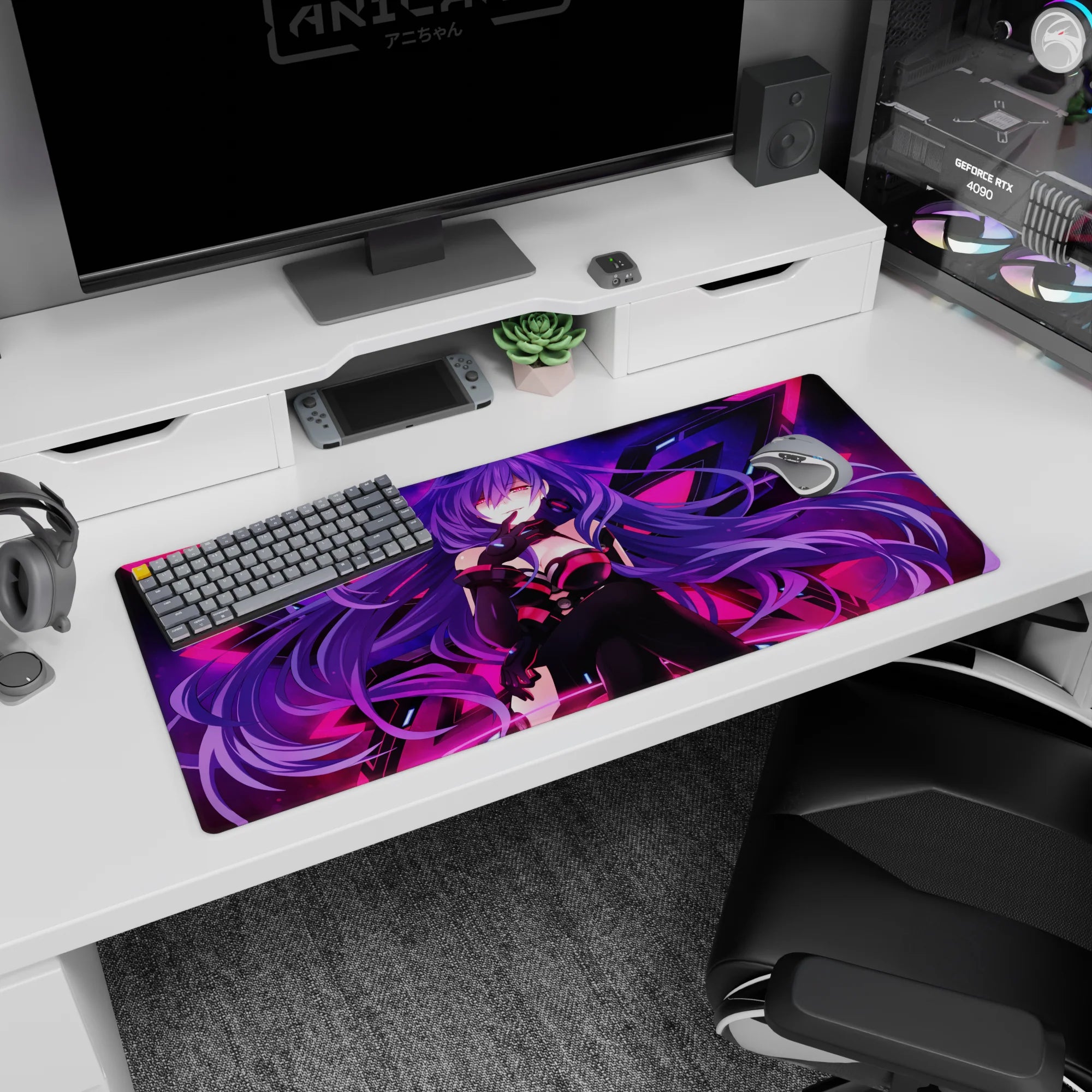 Smirking purple-haired anime girl with sharp geometric wings on a 36x16 inches extended desk pad.