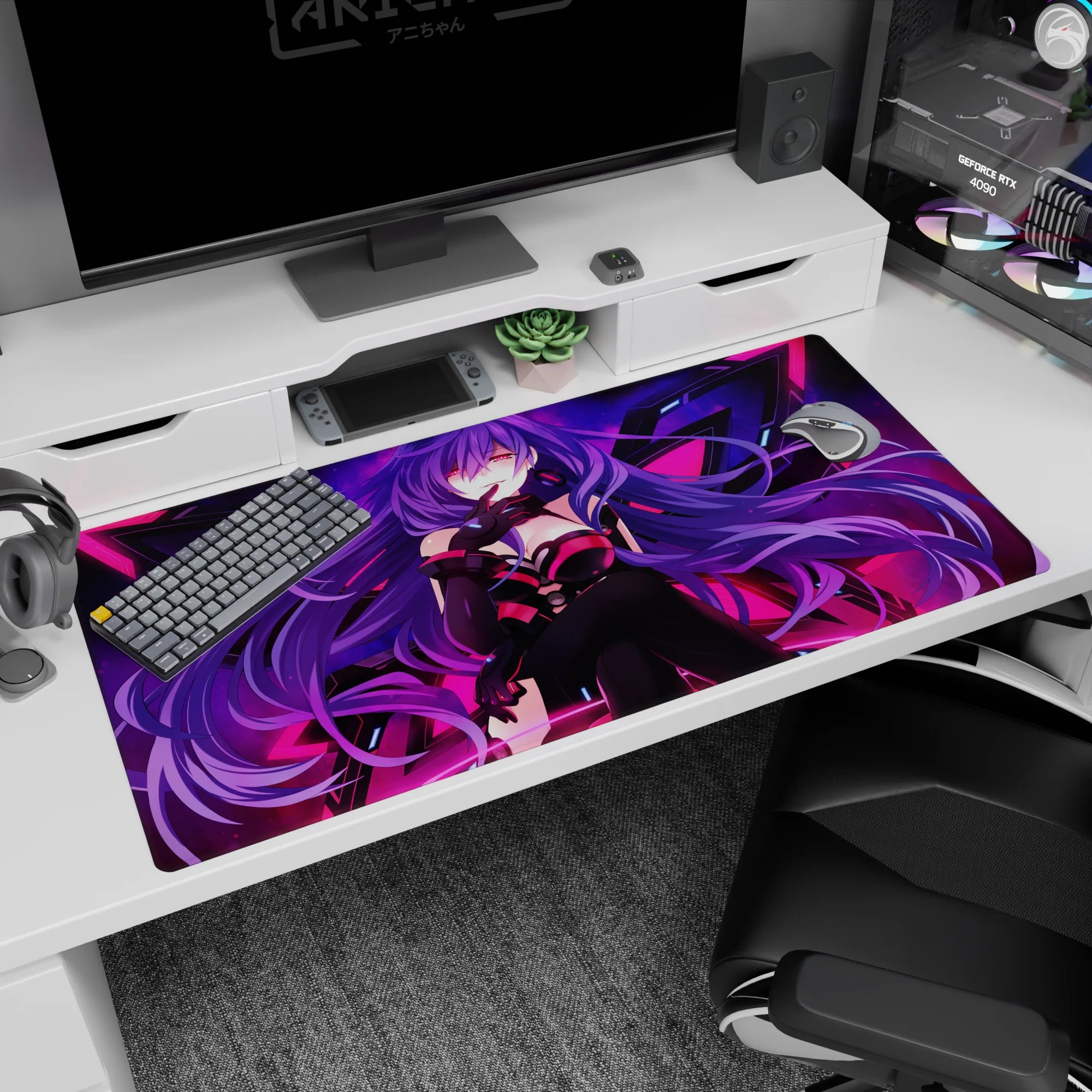 Mysterious purple-haired anime girl smirking with sharp wing shapes behind her, 40x20 inches.
