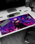 Mysterious purple-haired anime girl smirking with sharp wing shapes behind her, 40x20 inches.