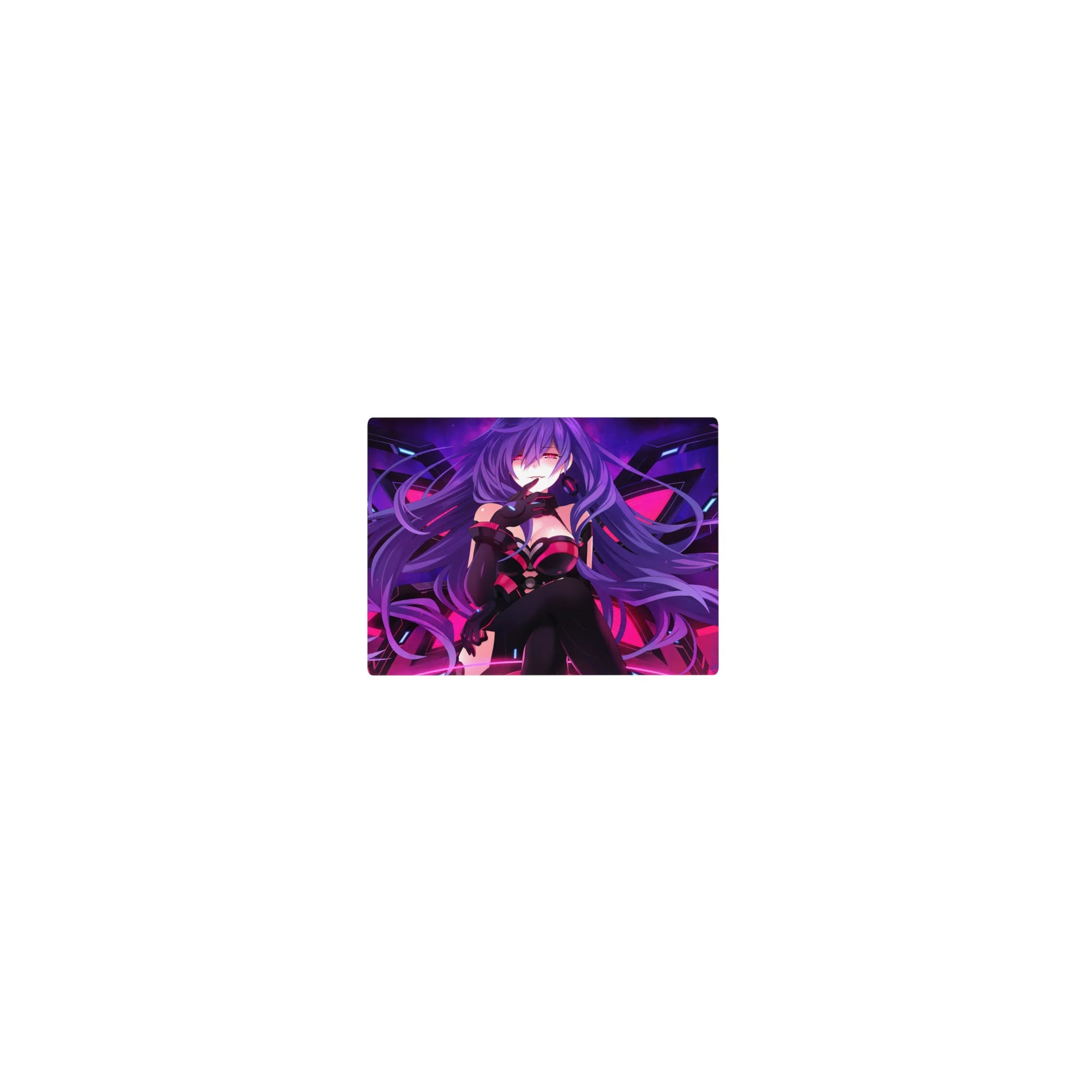 Classic anime girl mouse pad 14x10 inches with purple-haired smirk and geometric wing backdrop.