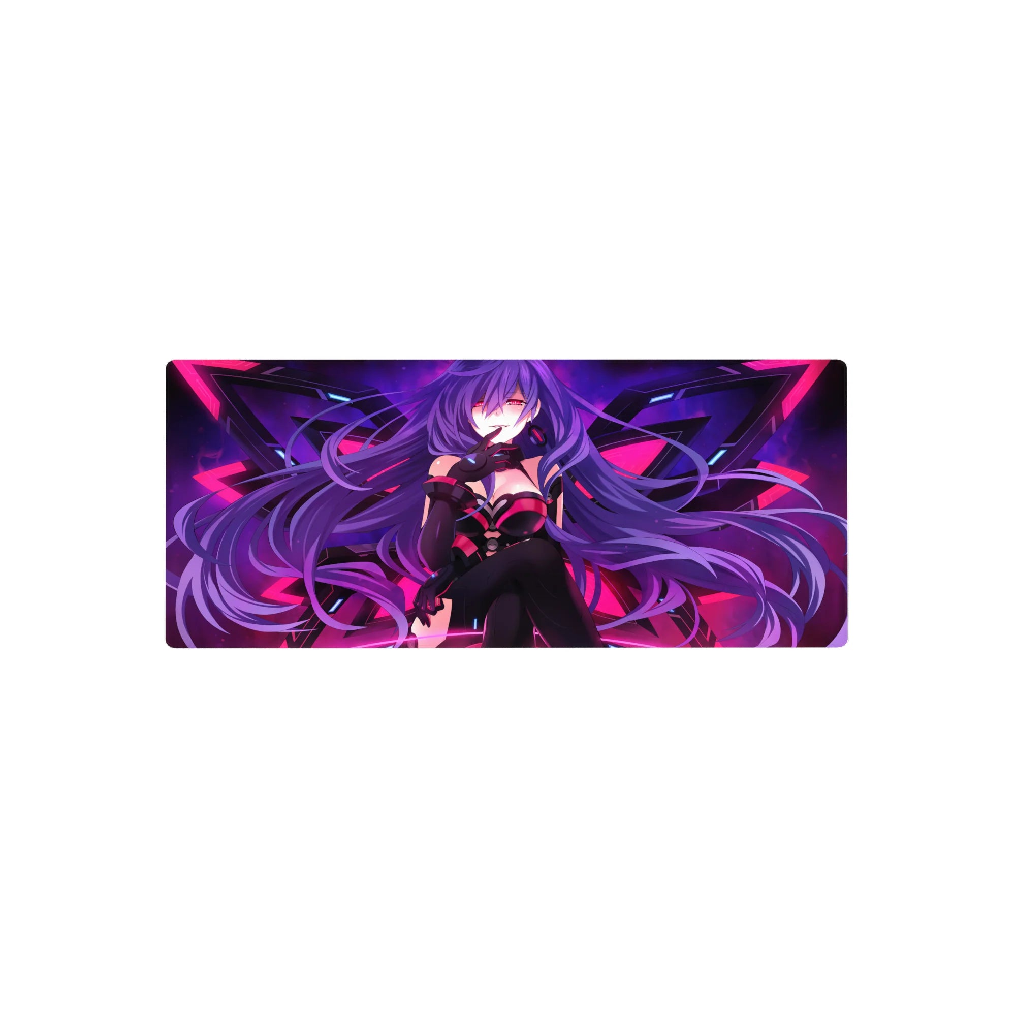 28x12 inches anime girl mouse pad with purple-haired smirking girl and geometric wing backdrop, sci-fi style.