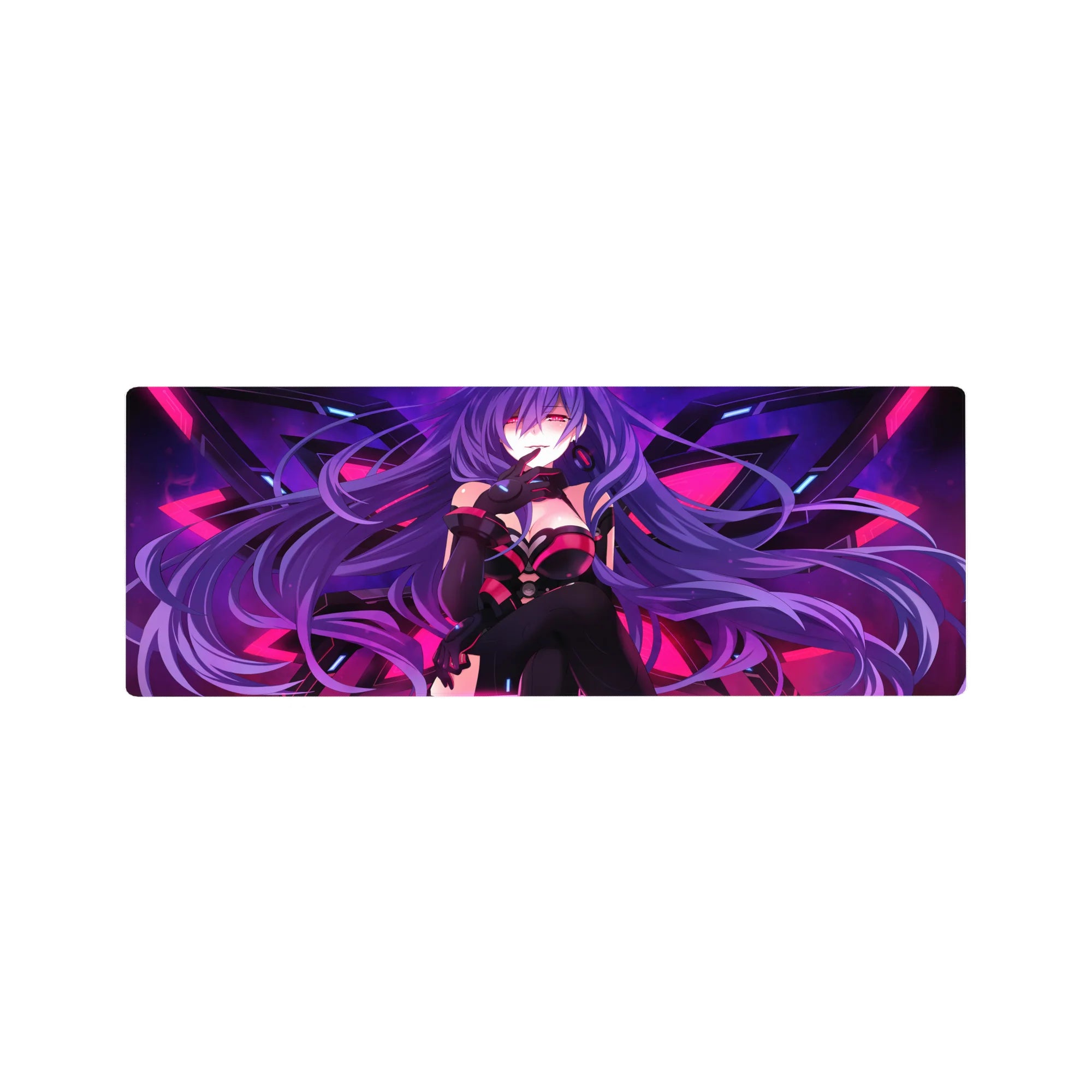 Cyber sci-fi anime girl mouse pad with geometric wing backdrop, 32x12 inches.