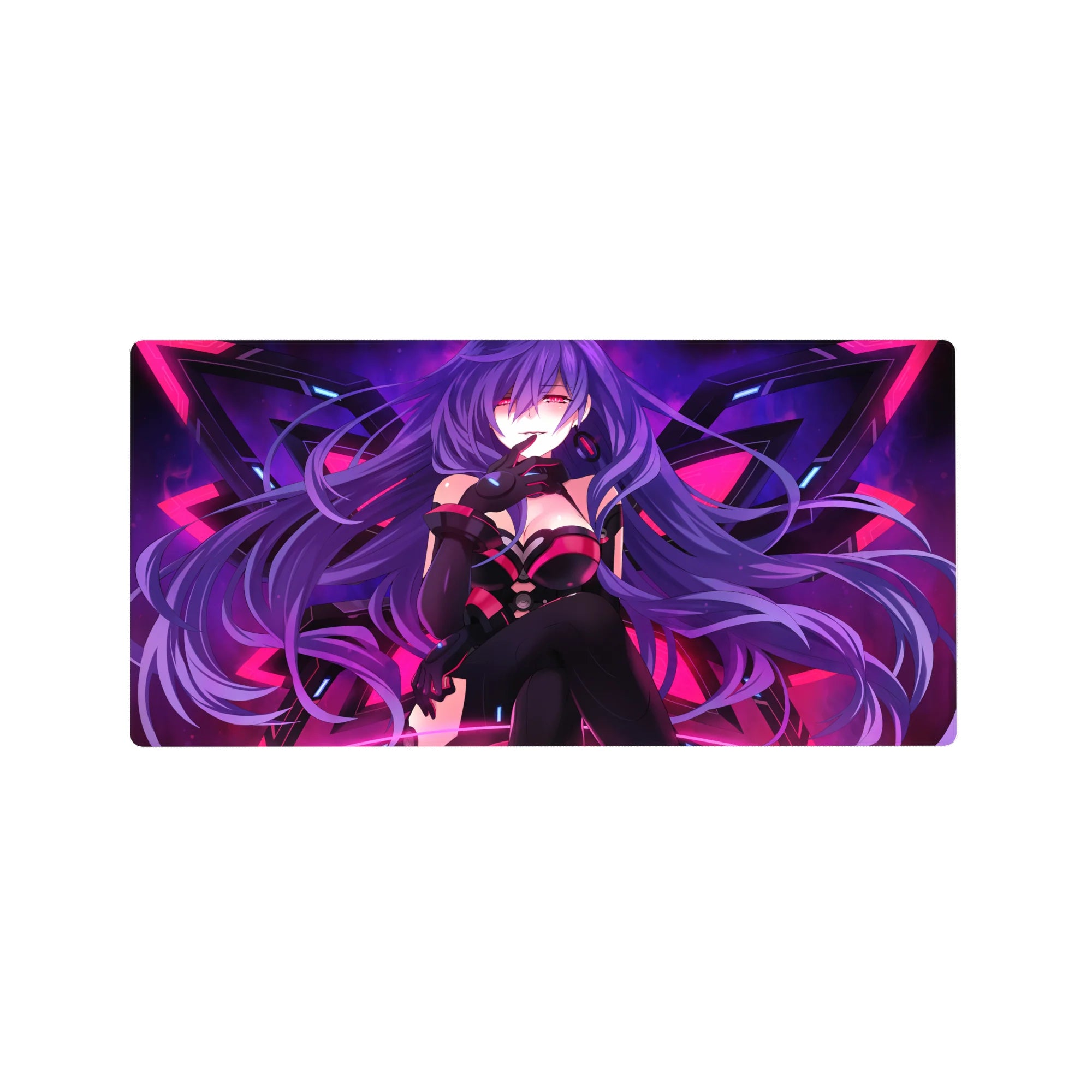 32x16 inches anime girl mouse pad with purple-haired sci-fi smirk and geometric wing backdrop.
