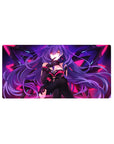 32x16 inches anime girl mouse pad with purple-haired sci-fi smirk and geometric wing backdrop.