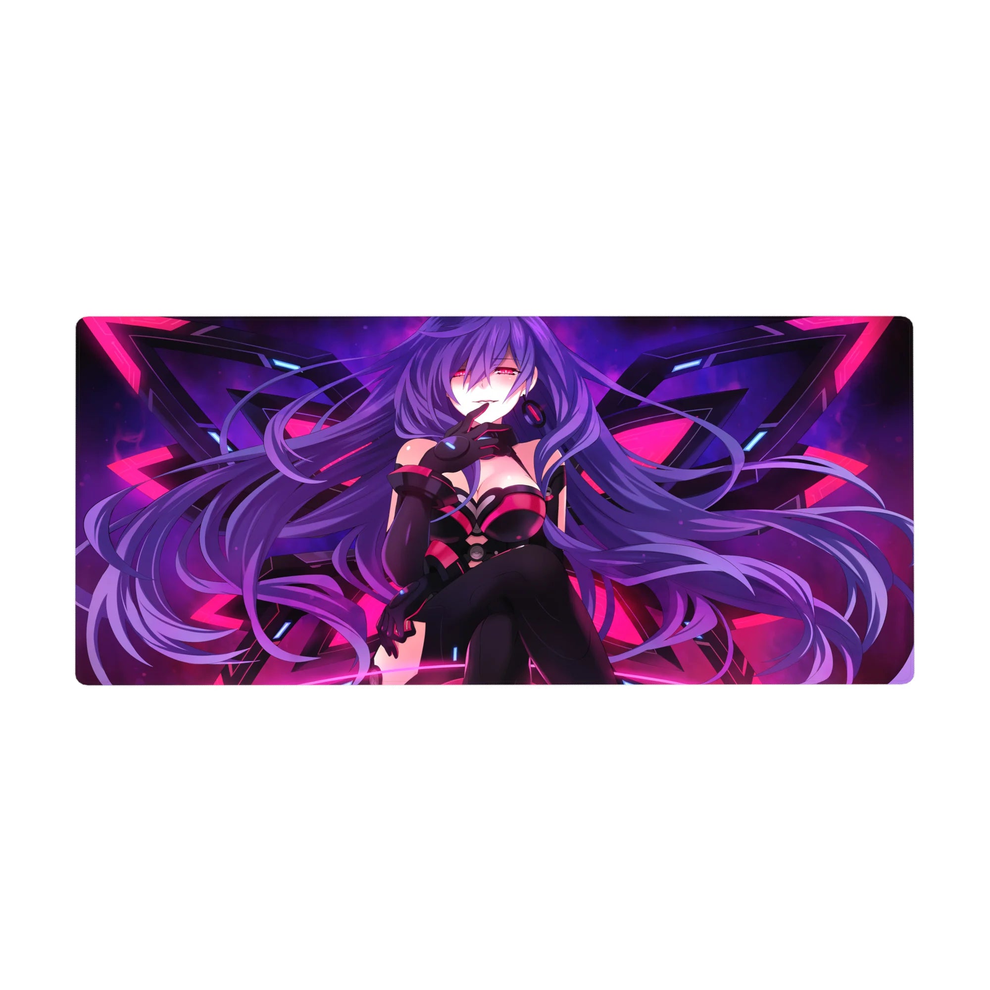 Anime girl desk pad 36x16 inches with purple hair, geometric wing shapes, and futuristic sci-fi style.
