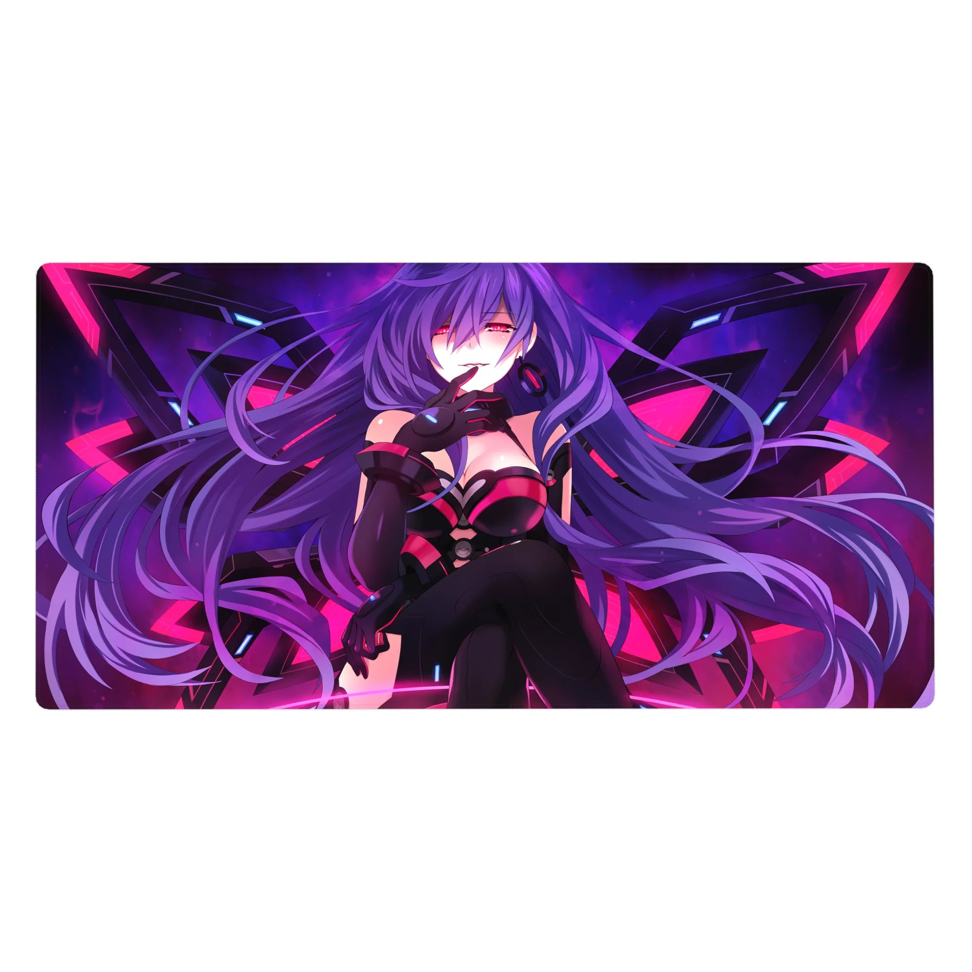 Sleek sci-fi anime girl desk pad with geometric wings backdrop, 40x20 inches.