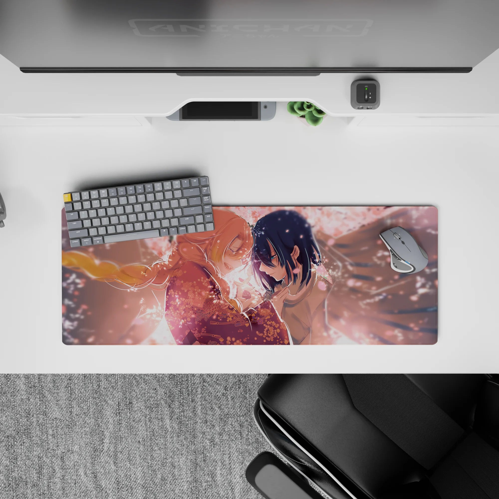 Anime mouse pad 32x12 inches featuring blush-pink sakura petals swirling around a detailed kimono against a peach sky.