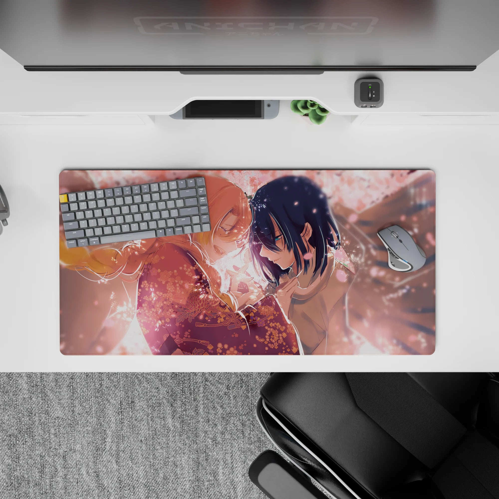 Anime mouse pad 32x16 inches featuring blush-pink petals, sakura lights, and intricate kimono patterns in peach hues.