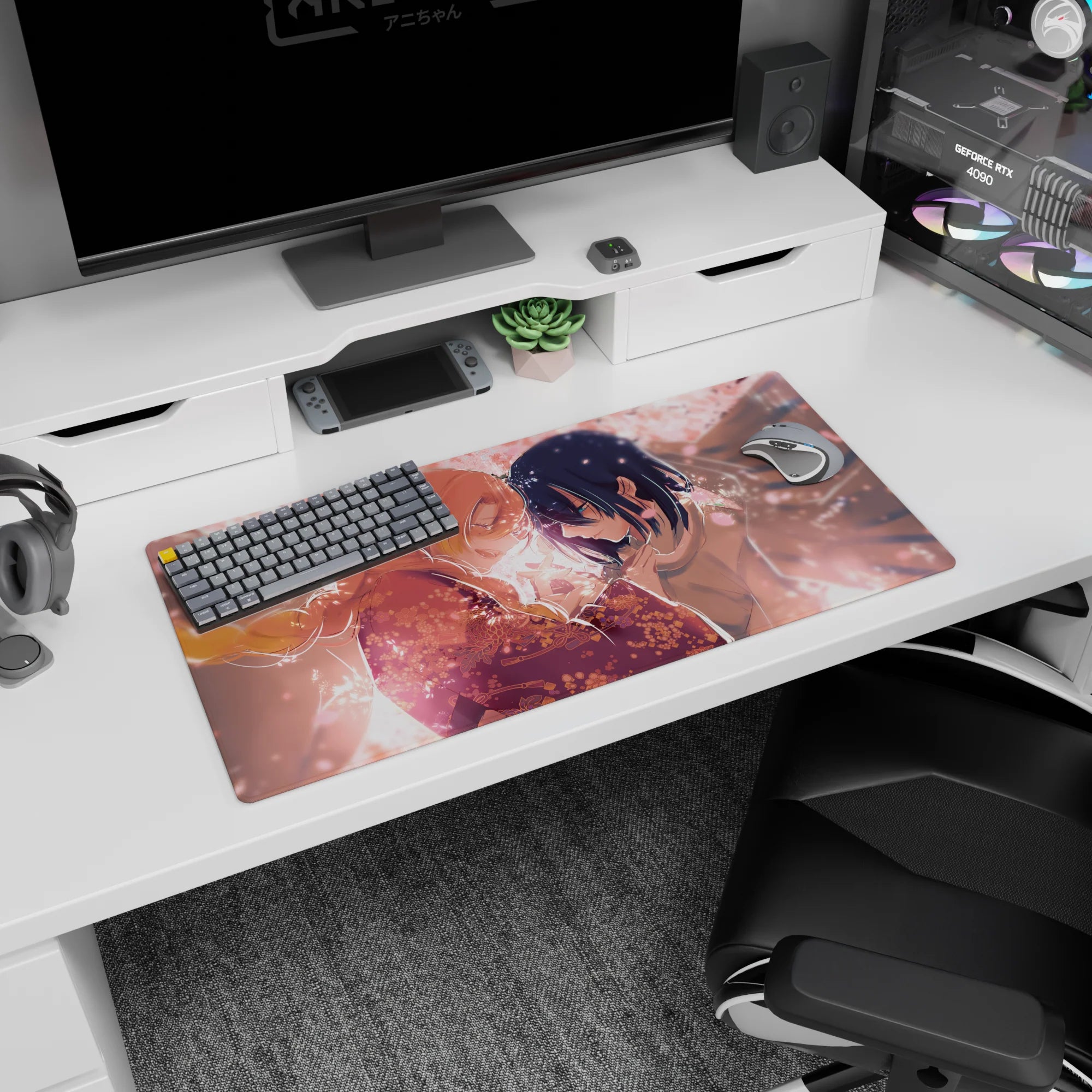 Anime mouse pad 32x16 inches with blush-pink petals and intricate kimono patterns against a sakura-lit peach sky.