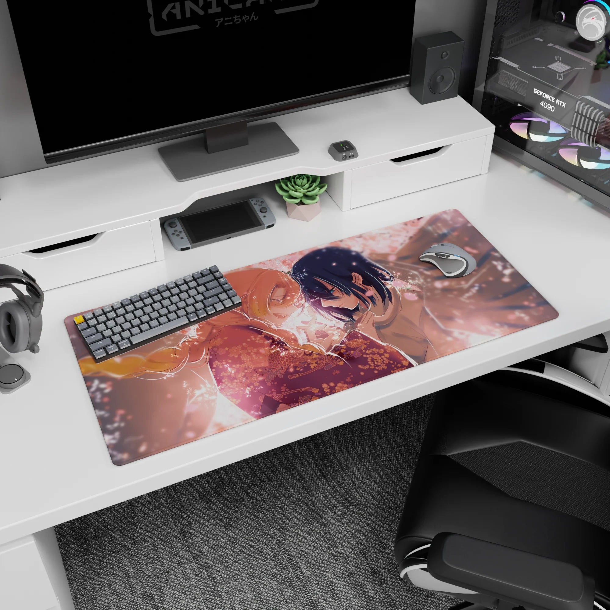 Blush-pink anime desk pad 36x16 inches with petals and kimono patterns, featuring a serene sakura scene in peach hues.
